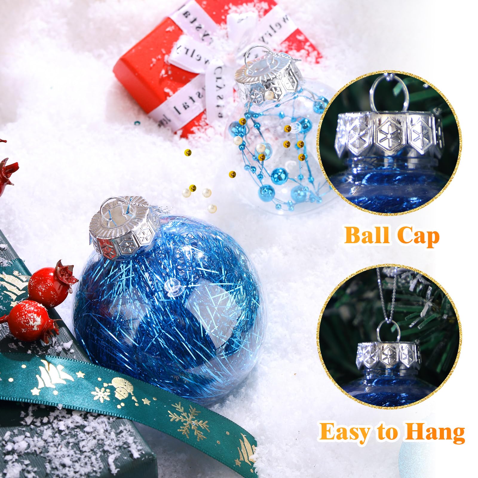 Outus 24 adornos de bolas de Navidad de 1.6/2.4/3.2 pulgadas, bolas transparentes con purpurina, decoraciones colgantes de plástico, inastillables, decoración de árbol de Navidad para Navidad,