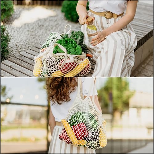 Miniatura 6 de MECCANIXITY Bolsa de malla de algodón, reutilizable, lavable, malla de red, organizador de bolsas de comestibles, para compras de frutas y verduras,