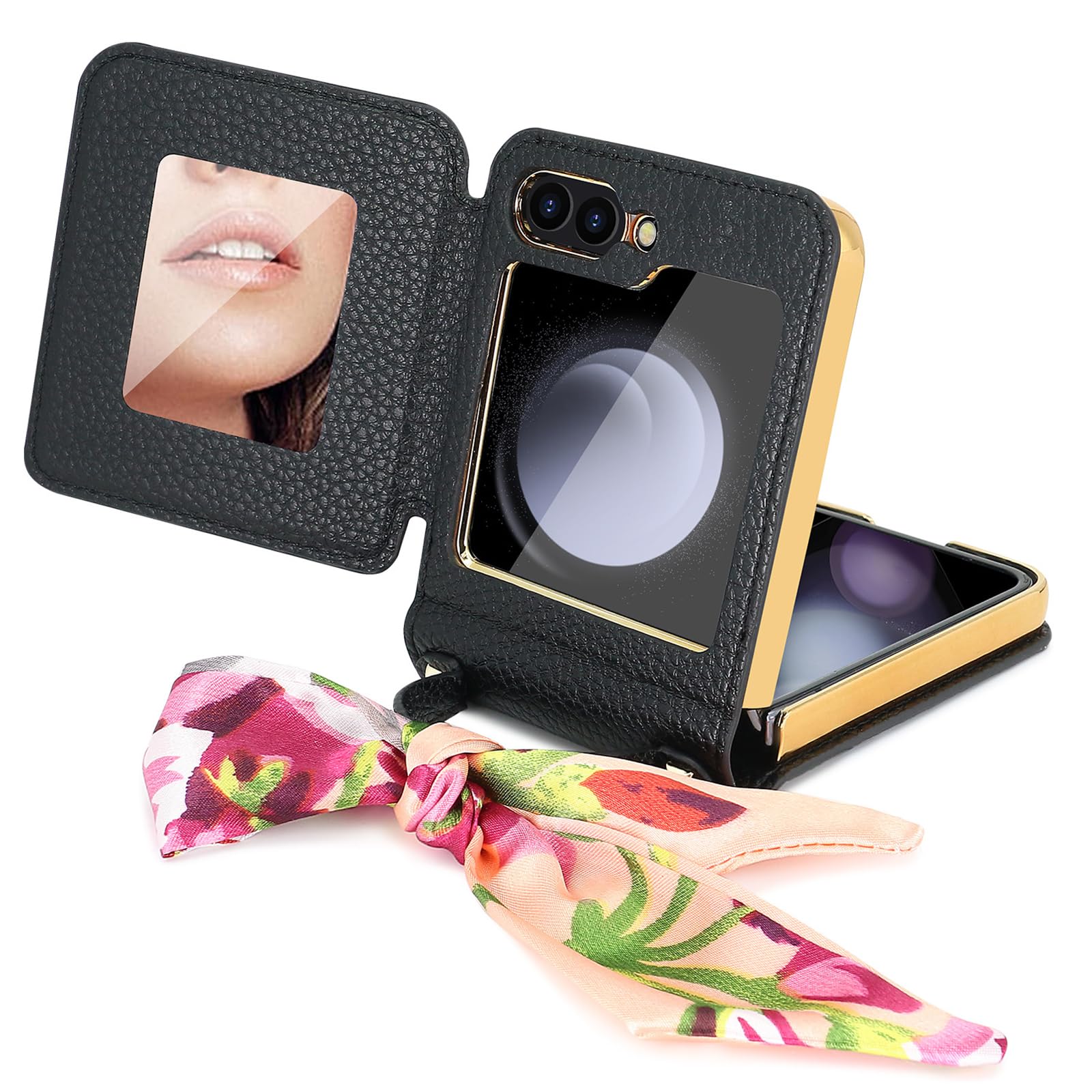 Smukłe etui do Samsung Galaxy Z Flip 6, luksusowa platerowana ramka moda odporne na upadki skórzane etui z klapką lusterko do makijażu, dla kobiet, brązowe