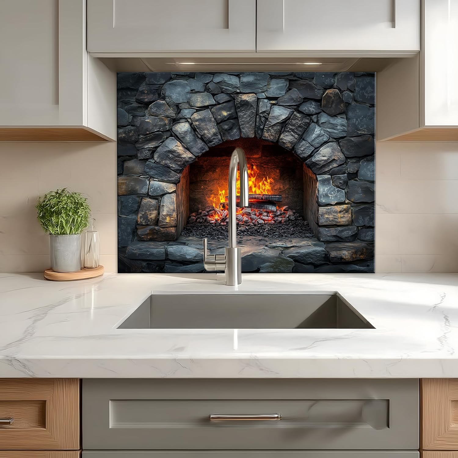 Tempered Glass Backsplash, Rustic Stone Fireplace Kitchen Backsplash Panel, Wood Fire Oven Style Stove Splashback, Decorative Stone Wall Glass Panel, Heat Resistant