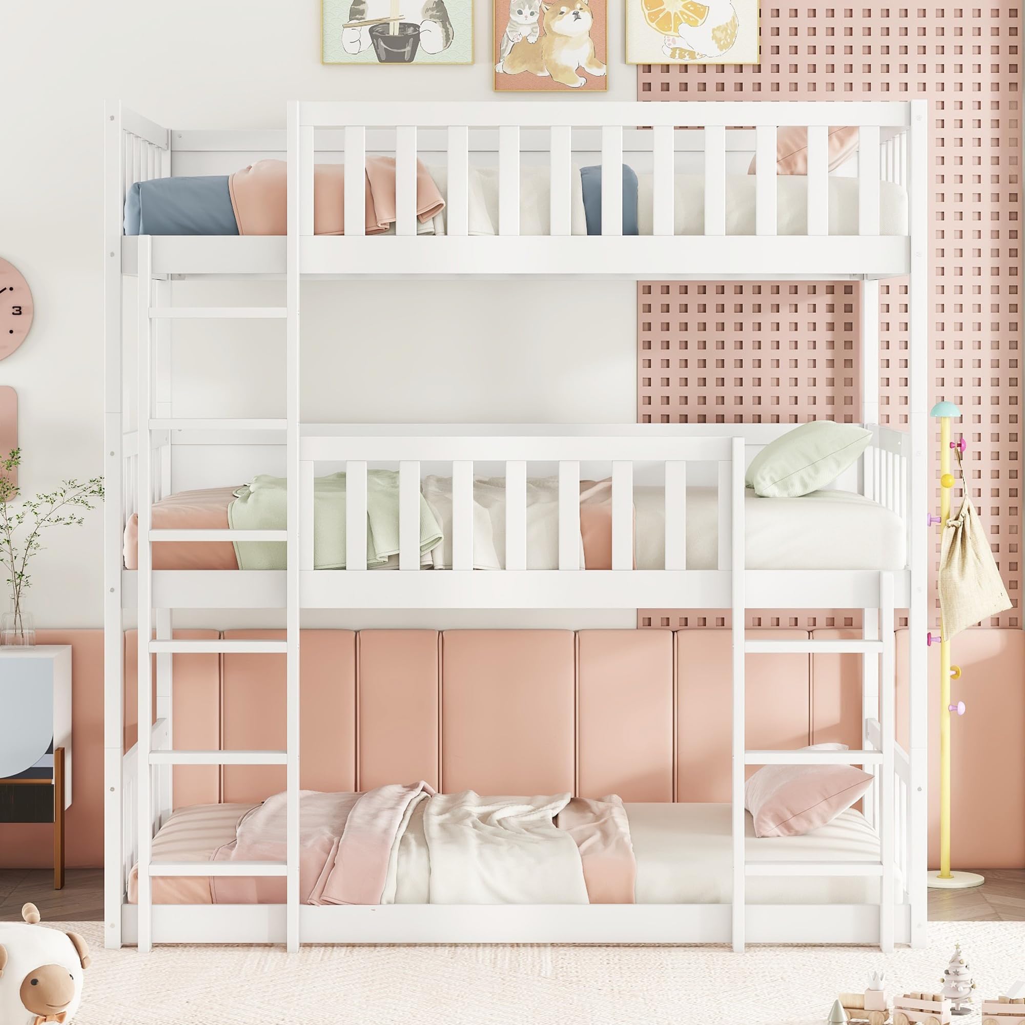 SOFTSEA Twin Size Triple Bunk Bed with Two Size Ladders, Floor Wood Bunk Bed Frame for Kids Bedroom, Detachable Bunk Bed, No Box Spring Needed, White