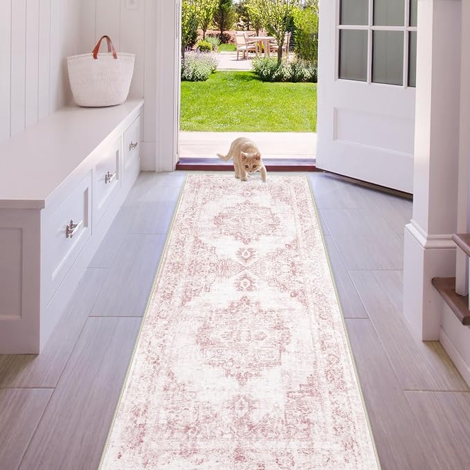 Area Rug 2x6 Runner Rug: Washable Vintage Hallway Rug Indoor Medallion Rug Low Pile Distressed Floor Carpet Retro Accent Rug for Kitchen Bedroom Bathroom Dining Room(Beige, 2'x6')