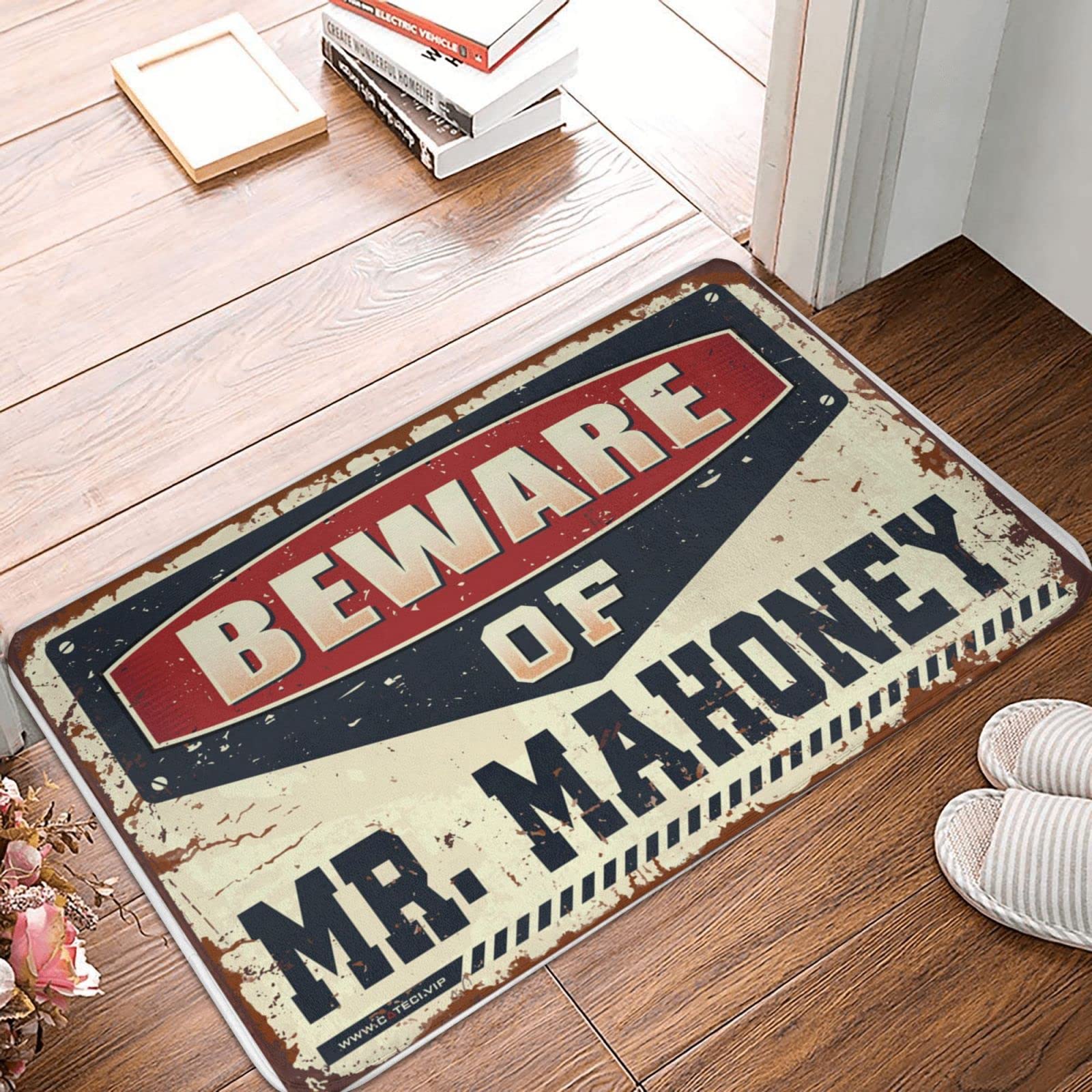 Felpudo de entrada al aire libre, divertido Beware of Mr. Mahoney, felpudo de bienvenida para primavera (65 x 90 cm)
