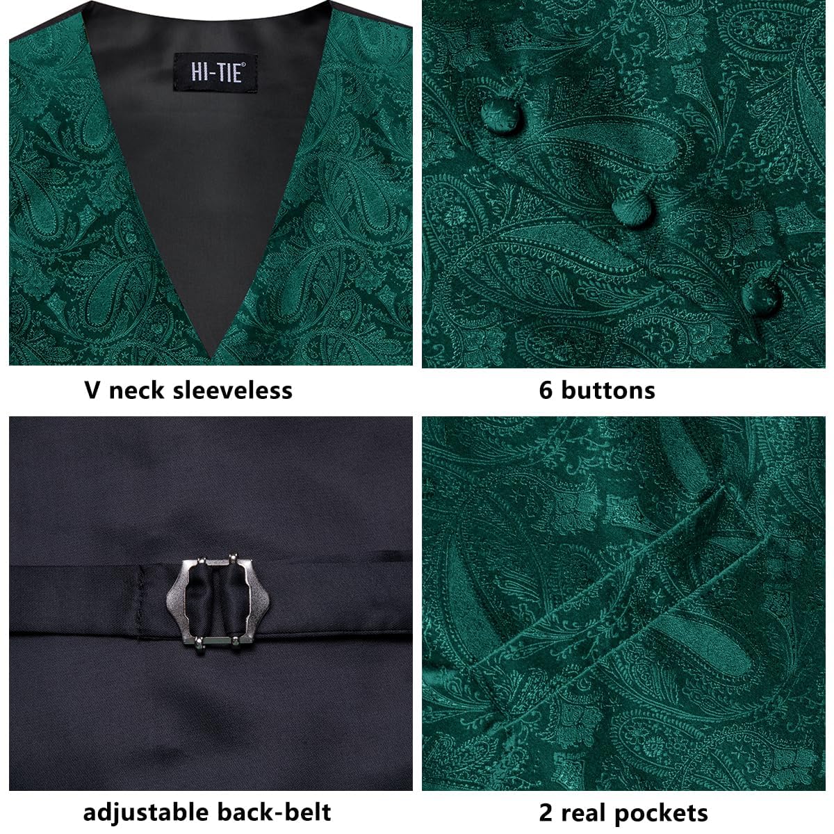 Hi-Tie Men's Suit Vest and Tie Set Formal Waistcoat V-Neck Paisley Vest and Tie Pocket Square Cufflinks Set for Wedding