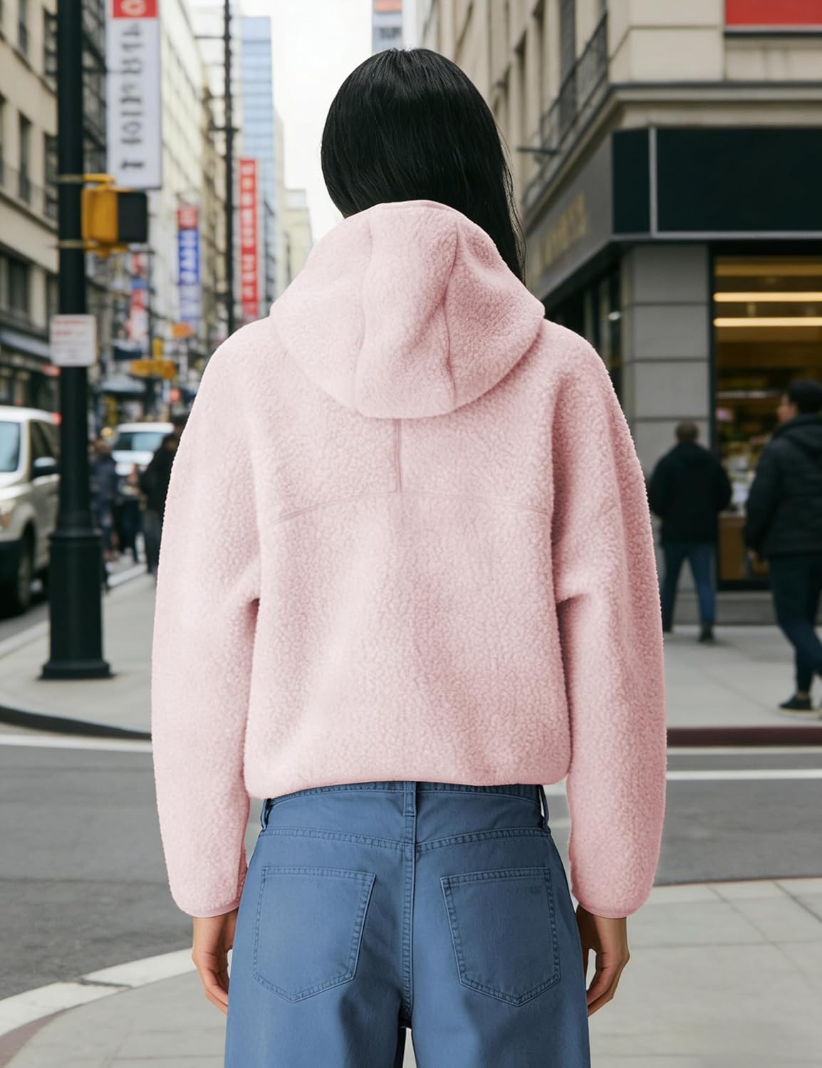 Women's Hoodie Half Zip Sherpa Fleece Pullover Lightweight Cropped Jacket with Zipper Pockets