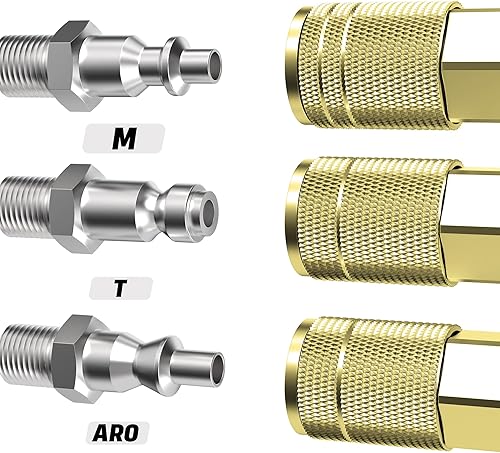 Miniatura 3 de Acoplador de aire con lengüeta de manguera de 14, tipo M industrial, tamaño del cuerpo de 14 de pulgada, material de latón, 10 piezas de accesorios