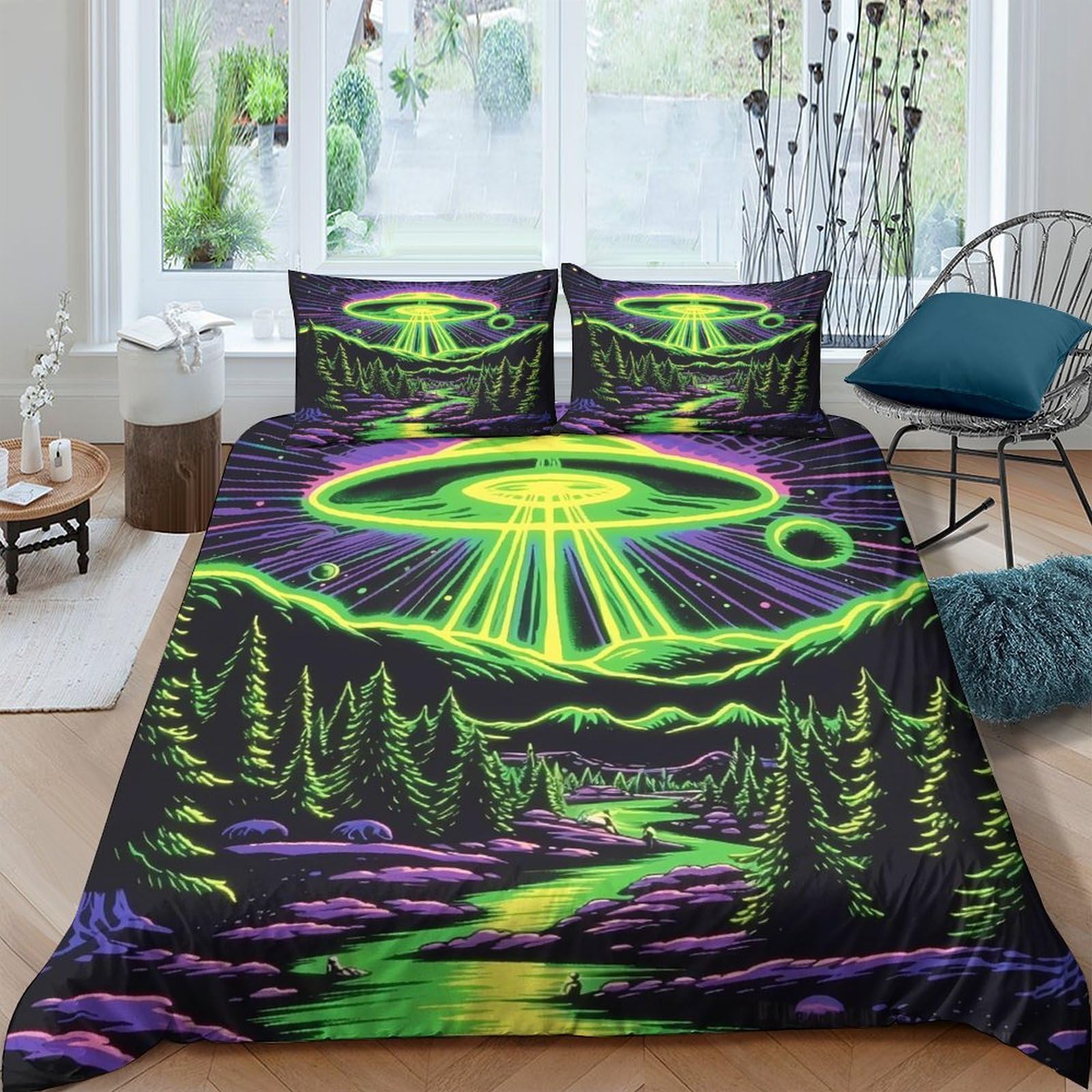 Ctjqhvkz Style-6 3D Printed Ufo Forest Fitted Sheet Microfiber Soft Neon Night Mattress Cover For Bedroom Guest Room Decoration Single（135X200cm）