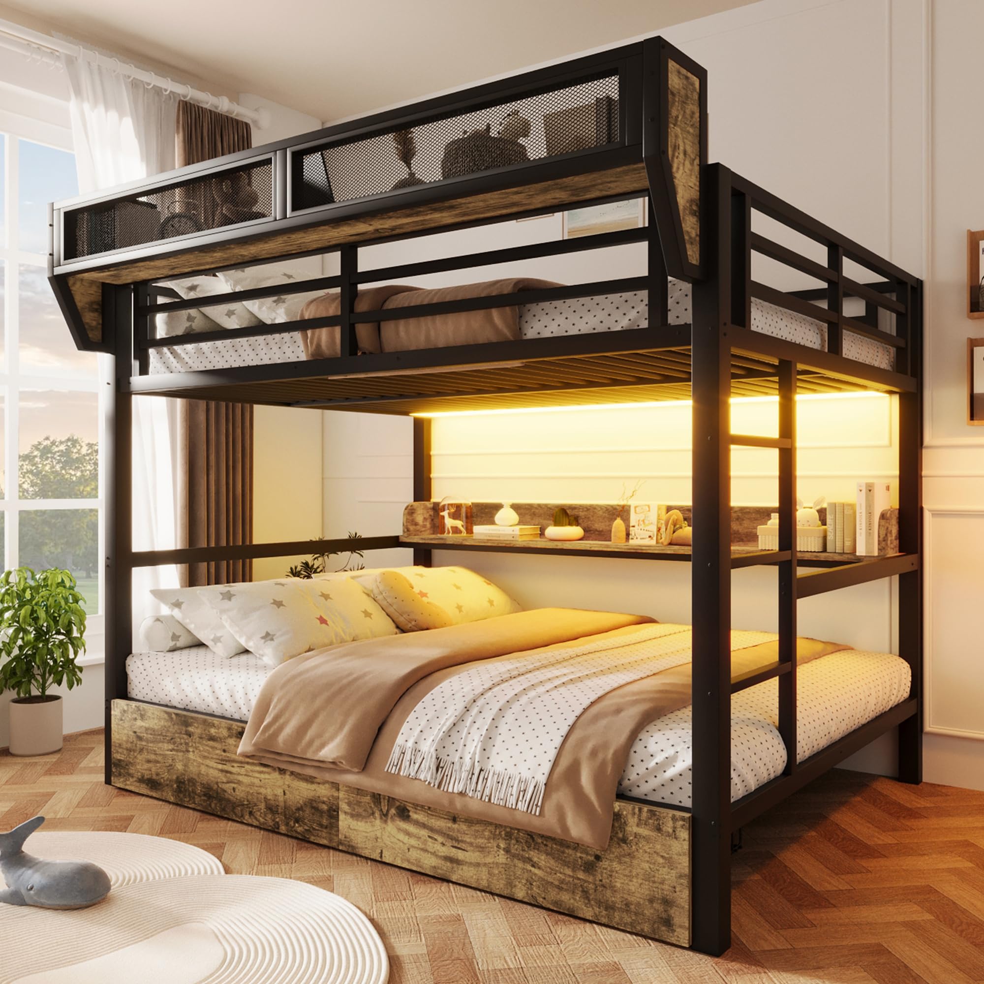 Kebnor Letto a castello in ferro, con ripiano portaoggetti, 2 cassetti in ferro, luce LED, senza materasso (nero-B, 140 x 200 cm)