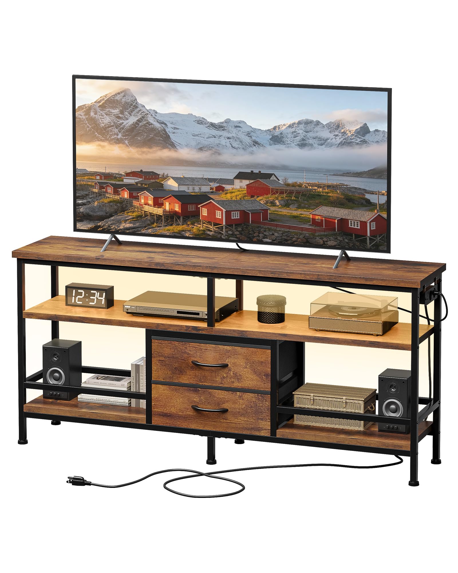 CO-Z Meuble TV 140×30×60 cm, Meuble Multimédia pour Téléviseurs de 43-65” avec Éclairage LED et Station de Chargement Amovible, Meuble TV Moderne avec Étagères Ouvertes et Tiroirs en Tissu, Marron