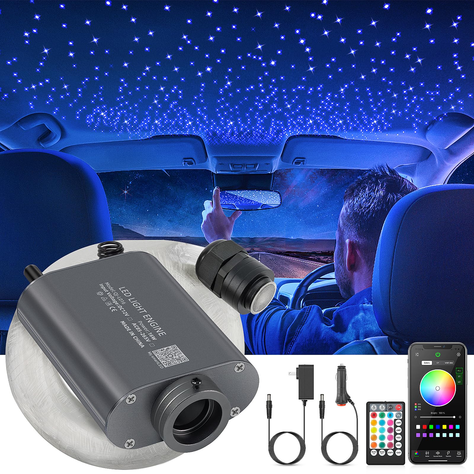 16W LED Fiber Optic Lights, Starlight Headliner Kit for Car Roof&Home Decoration, Fiber Cable 400pcs*0.03in*9.8ft RGBW Star Light Headliner with Bluetooth APP/Remote Control/Music Mode