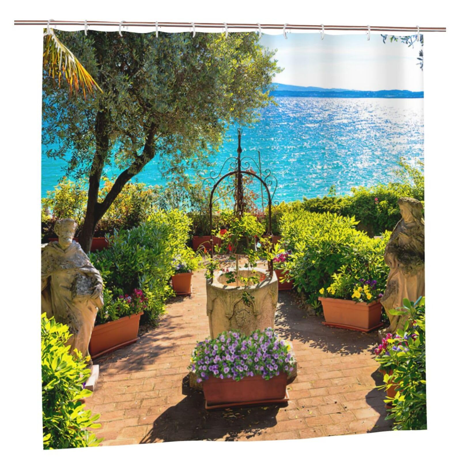 Sunny Seaside Garden Shower Curtain, 3D Beautiful Scenery Garden Decoration, Bathroom Essential Polyester Waterproof Quick-Drying Shower Curtain, Bathroom Decoration with 12 Hooks, 150X180cm/ 59X71 in