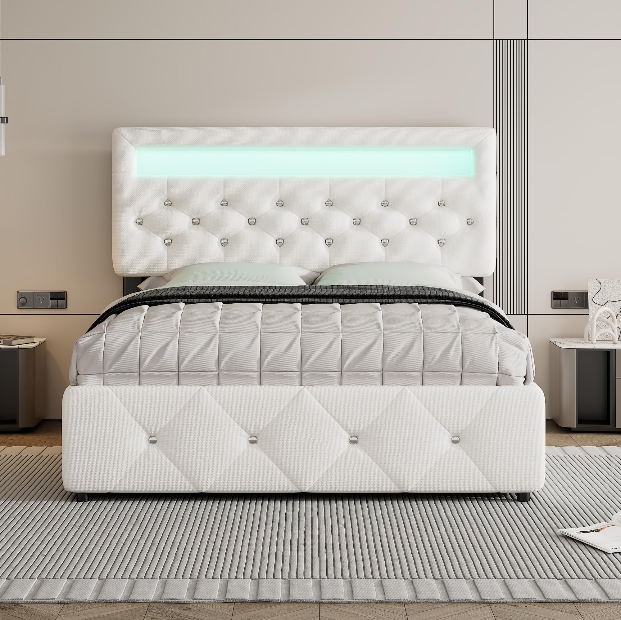 Letto Tessile 140x200cm con Sommier a doghe stabili e Struttura Letto Matrimoniale fissa piattaforma due cassetti inferiori secondo letto estraibile testiera regolabile Bianco