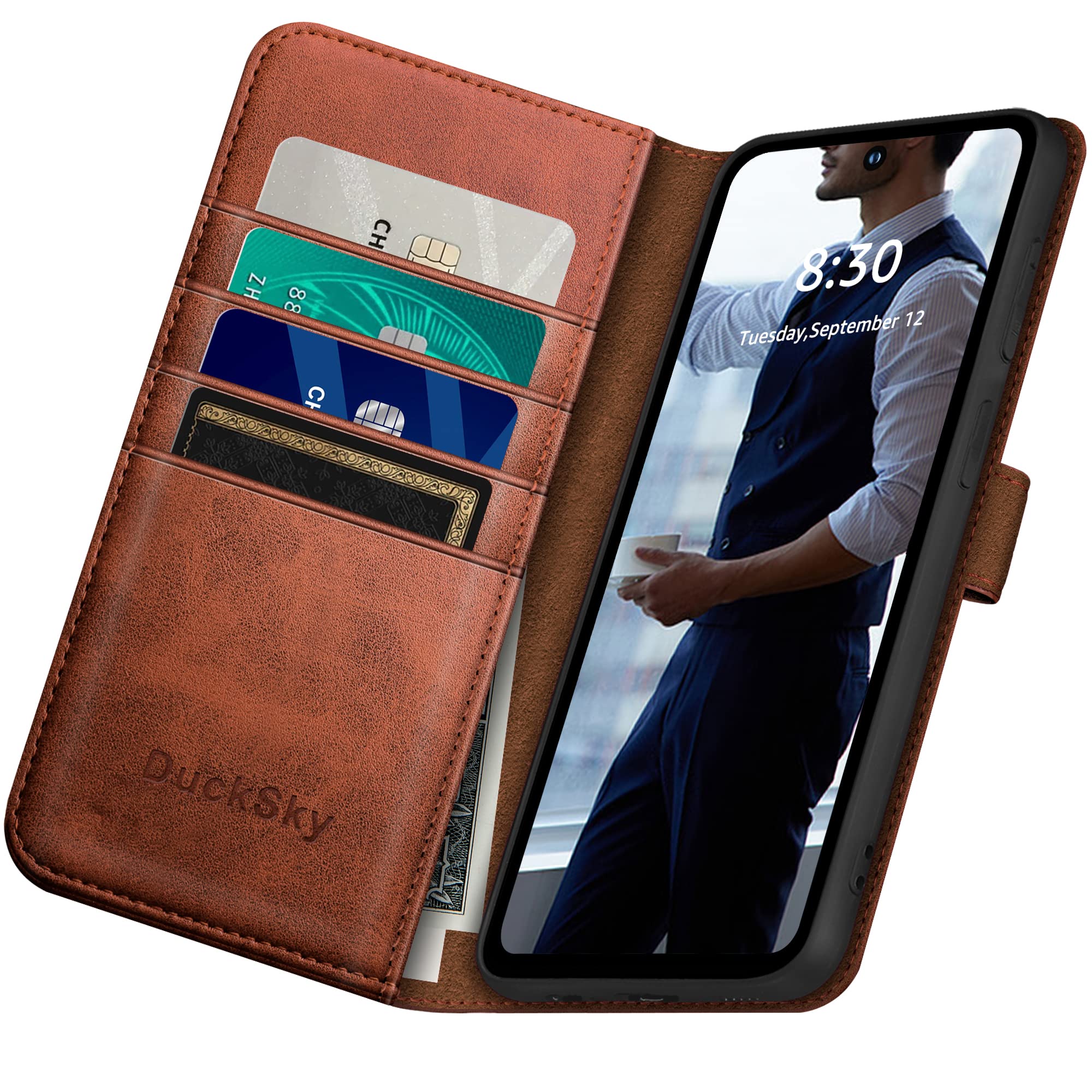 DuckSky for Google Pixel 8 5G Genuine Leather Wallet case ?RFID Blocking??4 Credit Card Holder??Real Leather? Flip Folio Book Phone case Protective Cover Women Men for Pixel8 case Light Brown
