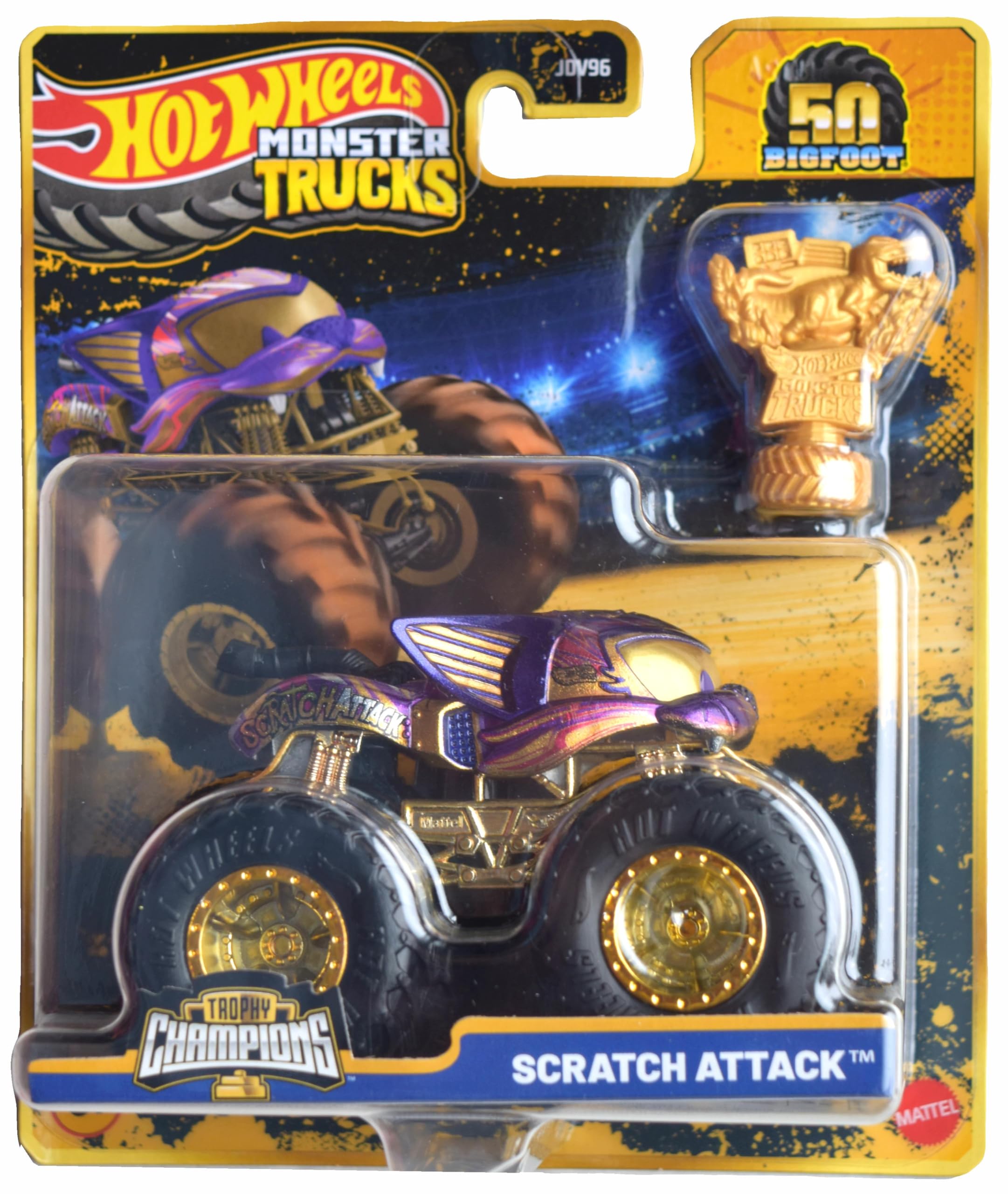 Hot Wheels Monster Trucks Scratch Attack, Trophy Champions 50th Years Bigfoot Series 1:64 Scale die cast
