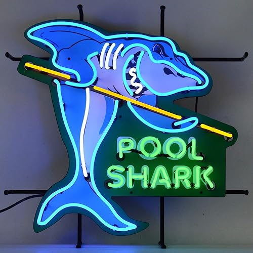 Miniatura 1 de Cartel de neón de Pool Shark con respaldo, tubos de vidrio real soplados a mano, verde, amarillo, blanco y azul, mide 24 pulgadas de ancho por 24