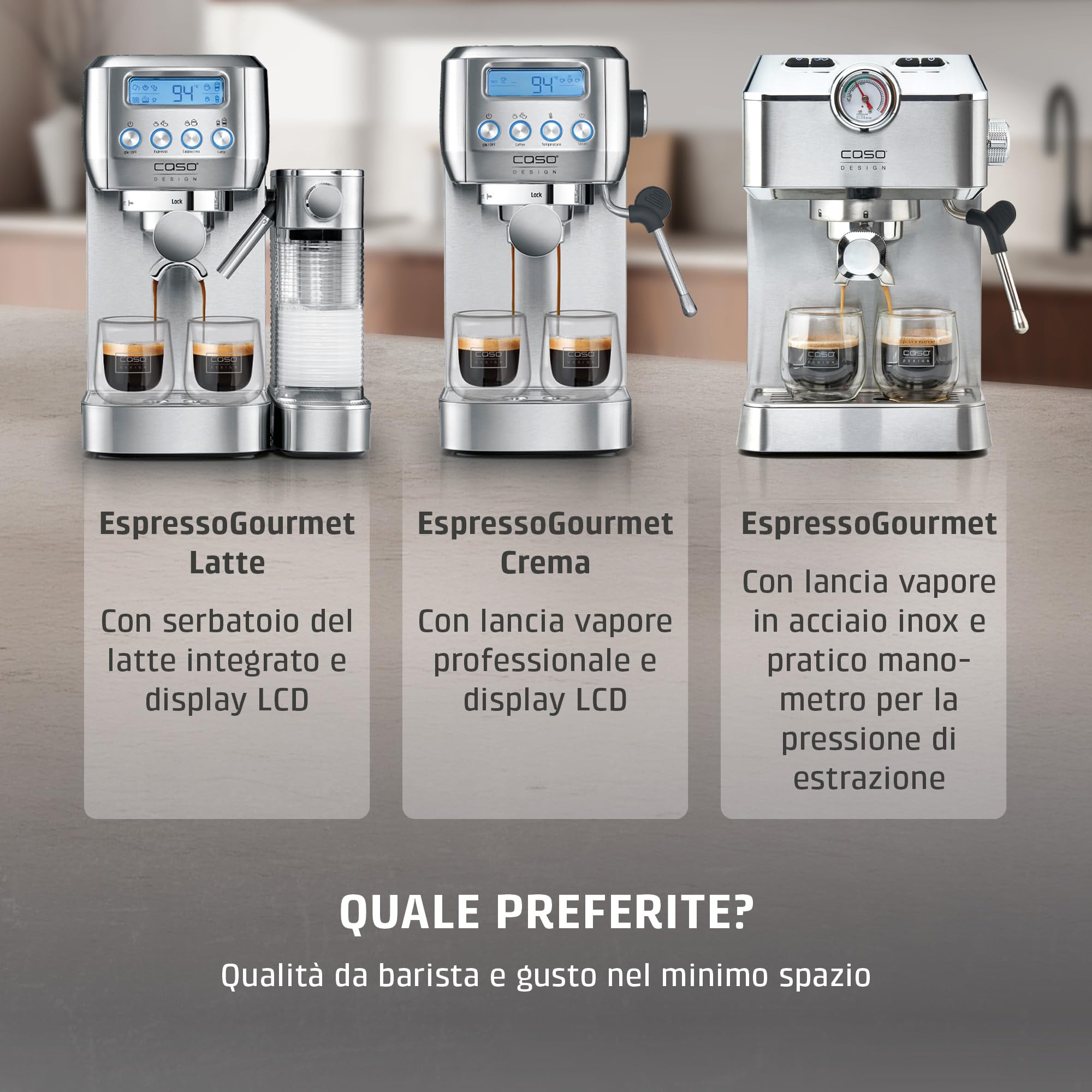 CASO Espresso Gourmet Crema - Macchina per il trasporto del colino con montalatte, espresso, cappuccino, portafiltro in acciaio inox, pompa ULKA, macchina da caffè in polvere, ESE Pads