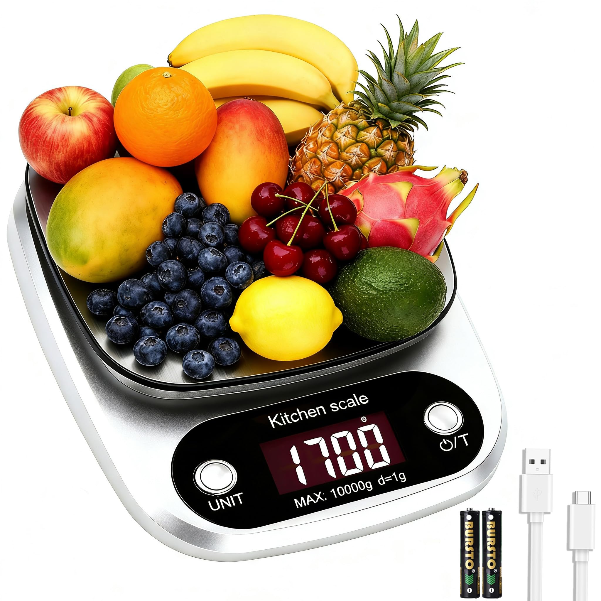 Digital Food Scales with Batteries,10kg 1g 22lb,Stainless Steel Baking Scales for Baking Bread Cooking,Rechargeable Kitchen Scales with 7 Weighing Units/LED Display/Tare Function,Waterproof & Washable