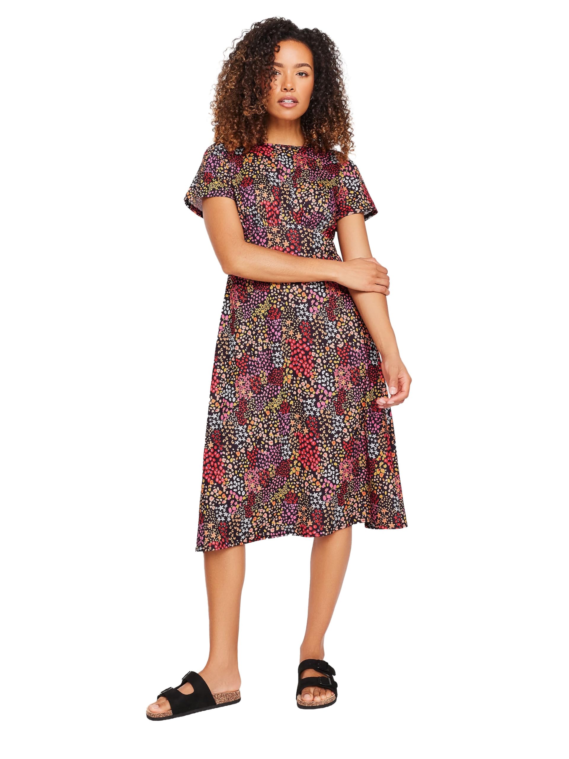 M&Co Women's Orange Mixed Print Short Sleeve Midi Dress Size 16