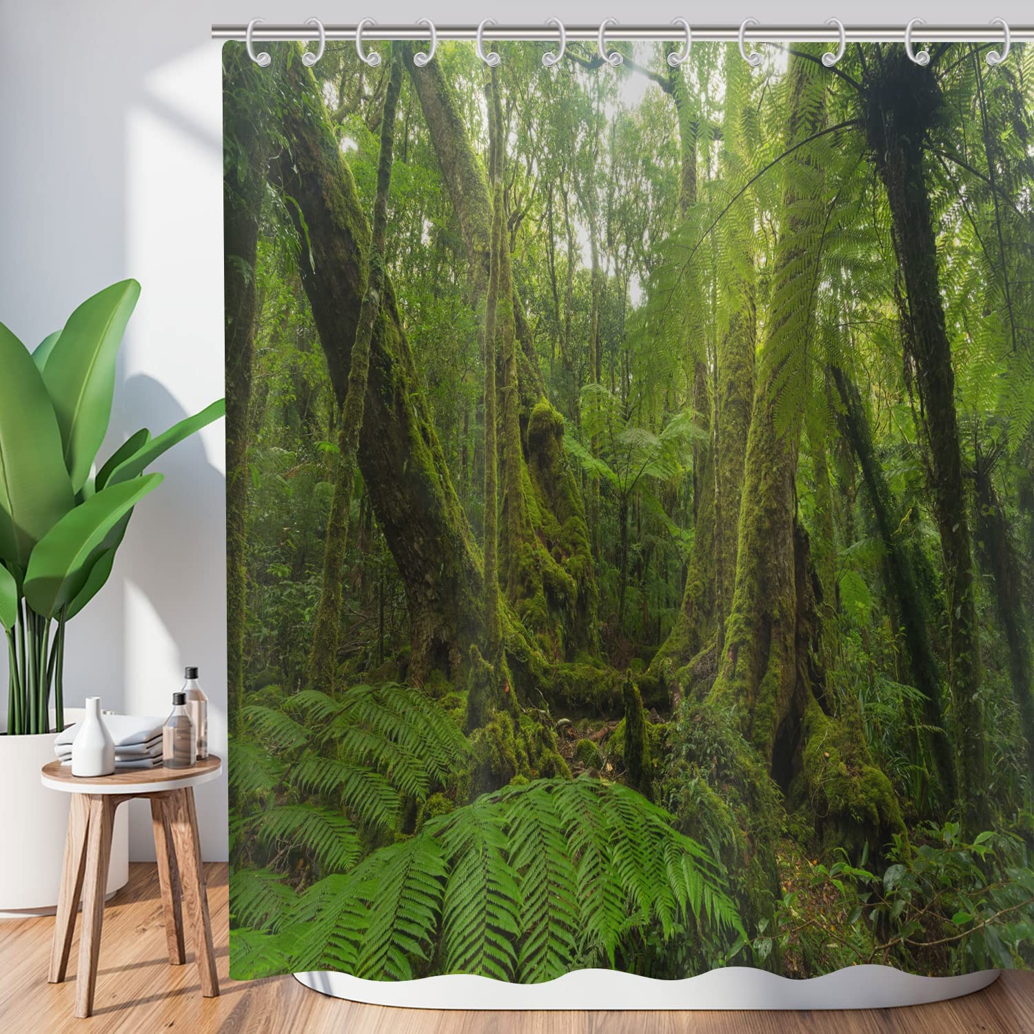 Forest Shower Curtain 120x200, Hnmdmyi Tropical Jungle Rainforest Green Tree Plant Nature Landscape Scenery Bathroom Curtains with Hooks Waterproof Polyester Fabric Washable Bath Curtains for Wet Room