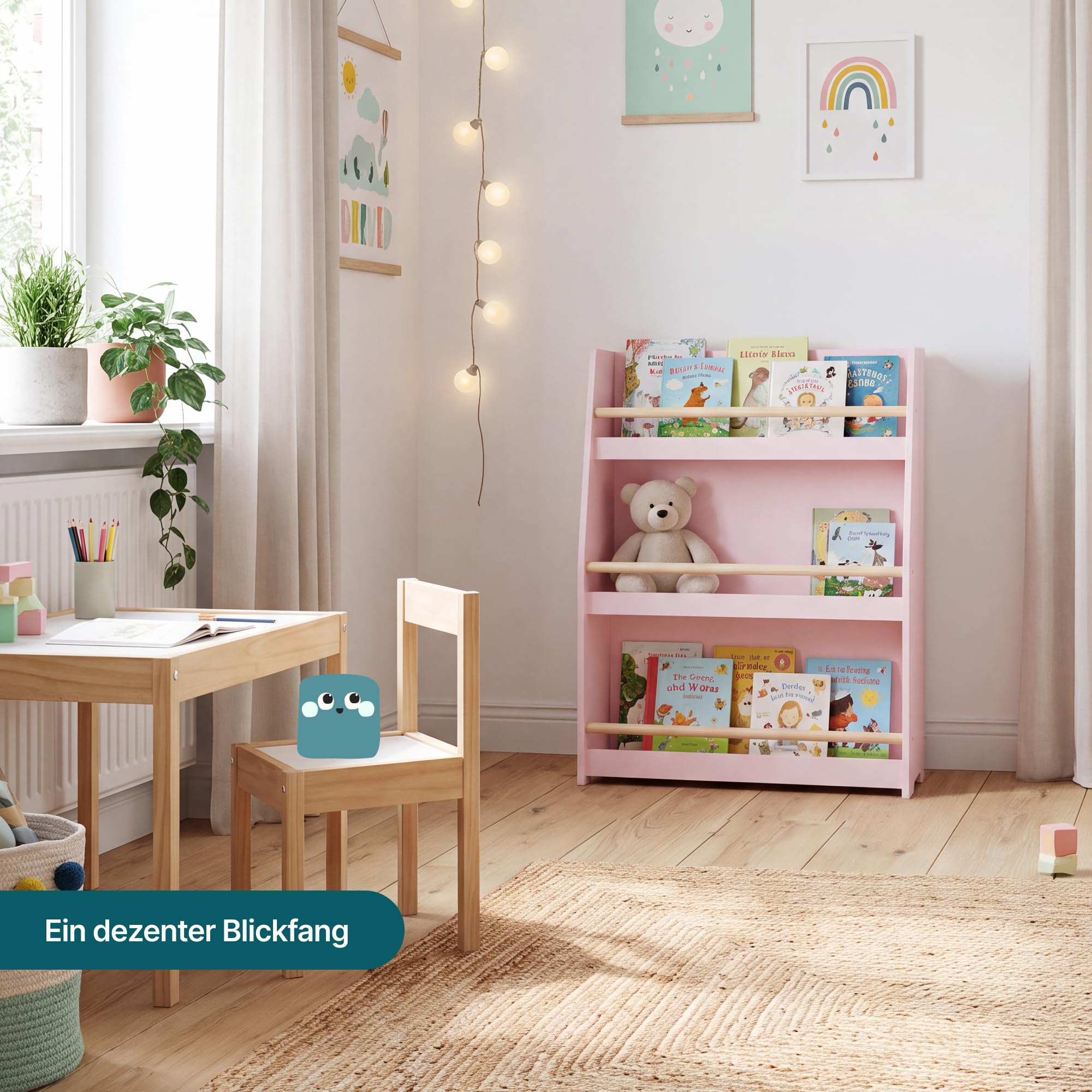 [en.casa] Kinder Bücherregal Virer Kinderregal mit 3 offenen Fächern Aufbewahrung Montessori Standregal 78 x 60 x 18 cm Kinderzimmeregal 3 Ebenen Rosa