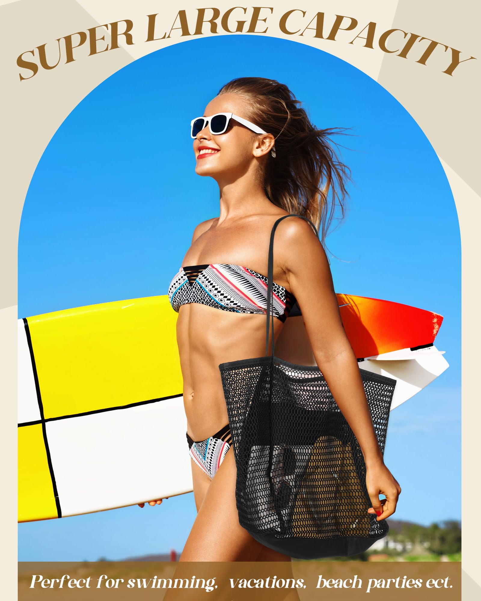 Lot de 6 sacs fourre-tout de plage en maille pour femme - Imperméable - Résistant au sable - Pour voyage, vacances, shopping, pique-nique