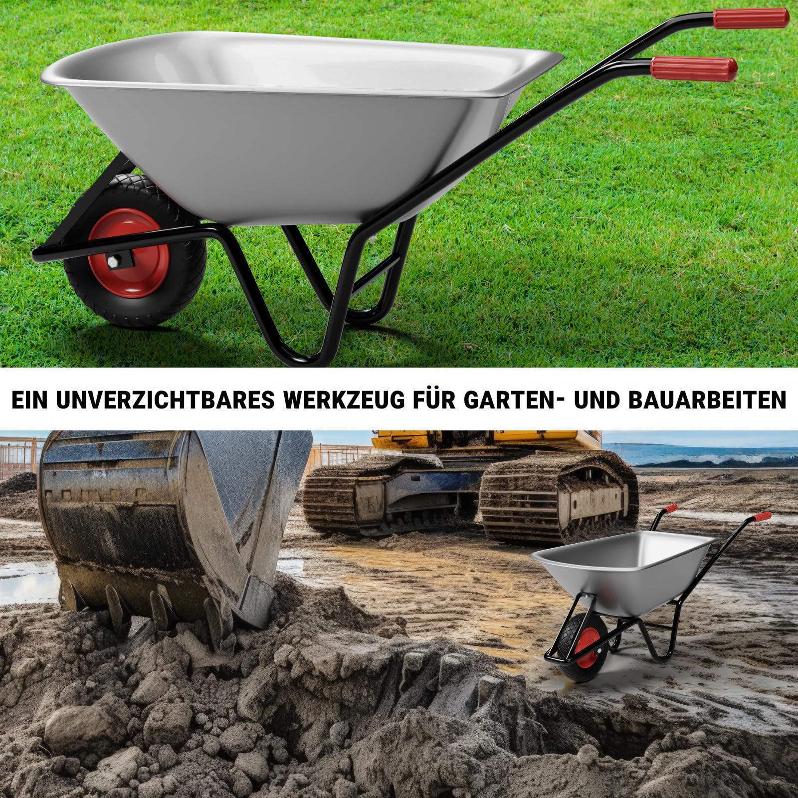 Schubkarre | 100 Liter Kapazität | 250 kg Tragkraft | verzinkter Stahl | pulverbeschichteter Rahmen | 40 cm Reifen | vielseitig