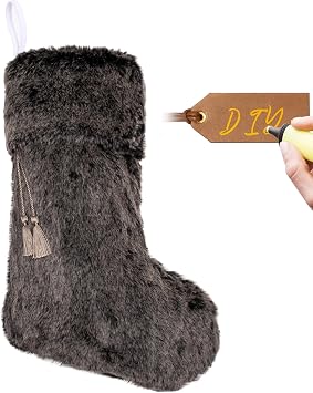 Lubot New Christmas Stockings, 1 Piece with Custom Name Tag 20" Dark Brown Rustic Neutral Farmhouse Fireplace Hanging Decorations Plush Faux Fur with Tassel Soft Xmas Stocking for Large Family