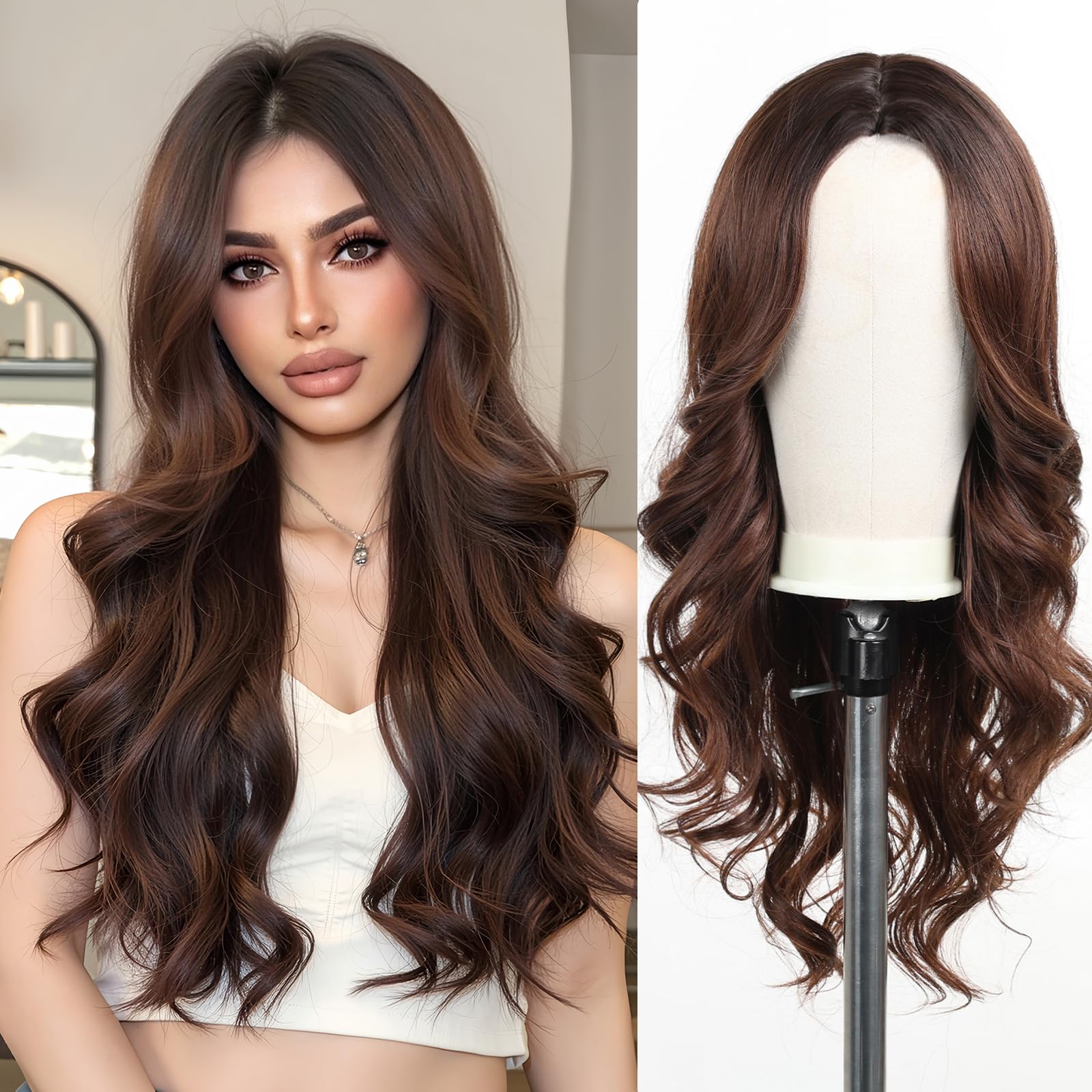 Esmee Long Wavy Brown Wigs for Women Natural Synthetic Hair Ombre Wig for Daily & Party Use, Ombre Brown 6352-2, 26 pollici