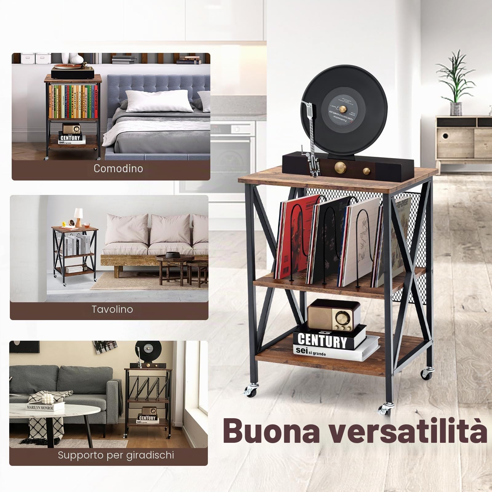 KOMFOTTEU Supporto per Giradischi in Vinile Fino a 250 Album, Mobile Porta Vinili con Ruote, Espositore per Dischi, Divisori Rimovibili e Scomparti Aperti