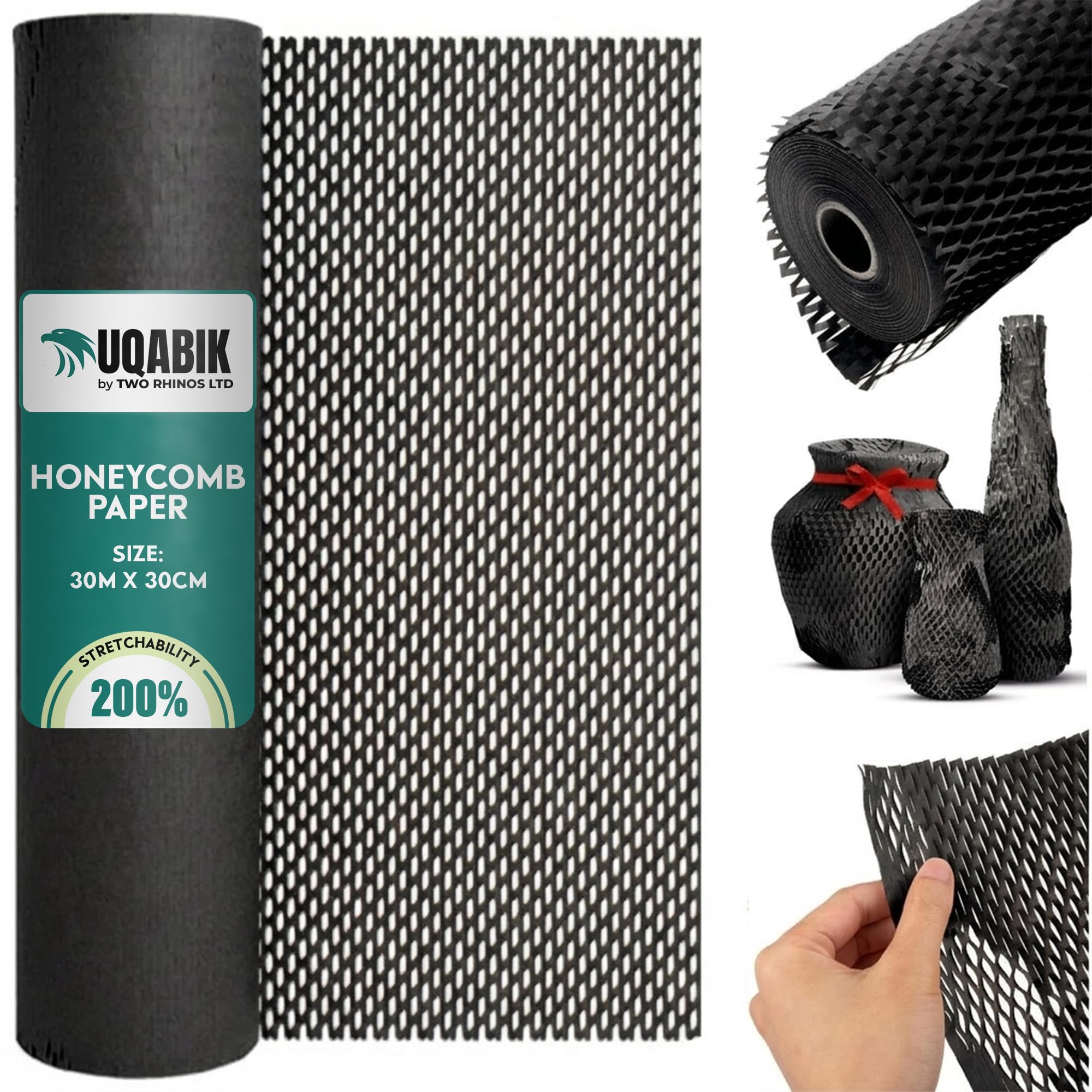 UQABIK® Honeycomb Packing Paper Roll - 30cm x 30m | 200% Stretchability - Eco-Friendly Kraft Wrapping Paper for Shipping Fragile Items & Moving | Plastic-Free Alternative to Bubble Wrap (Black)