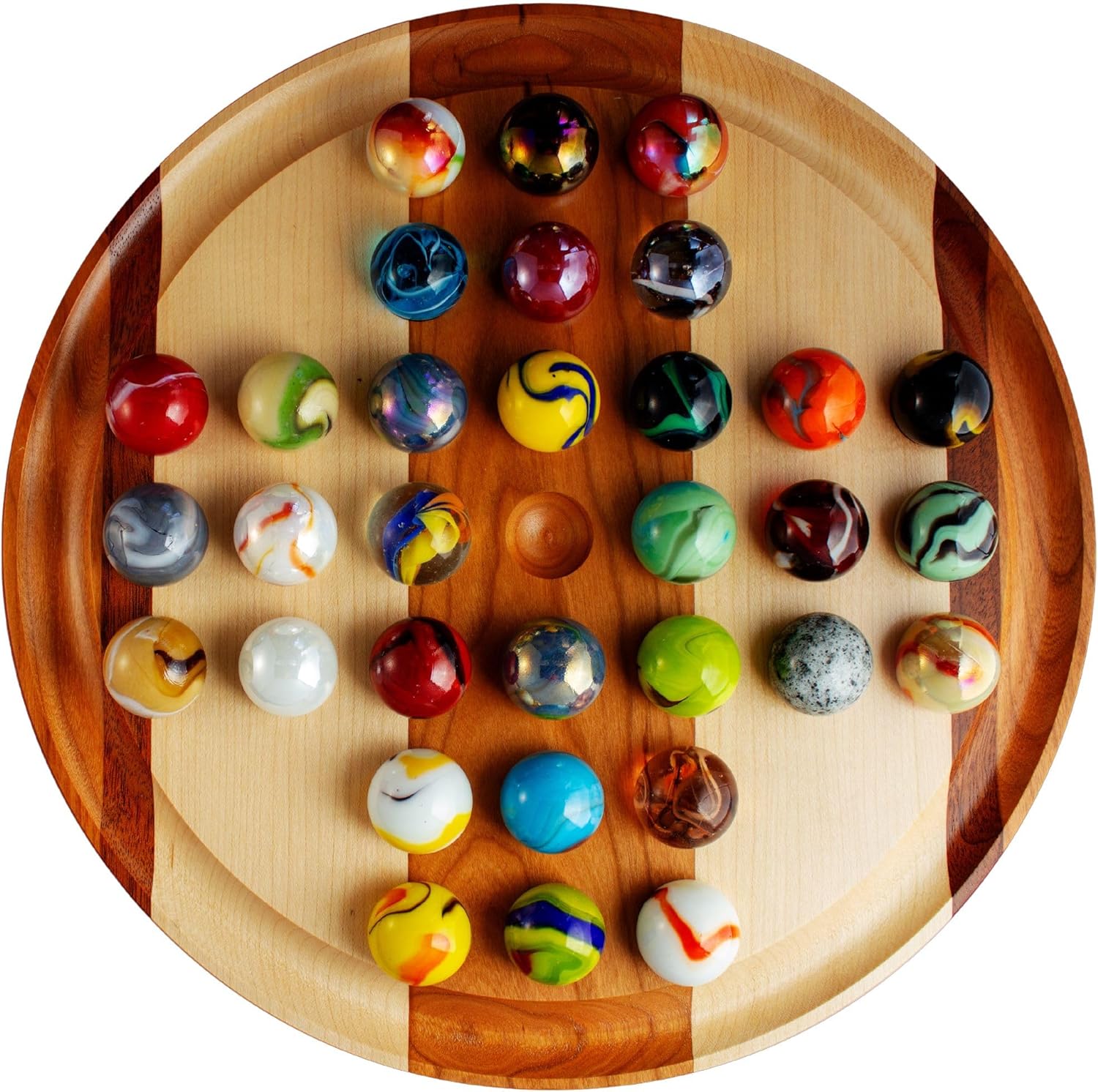 Handmade Marble Solitaire Board Game w/Glass Marbles (11", Subtle Stripes)