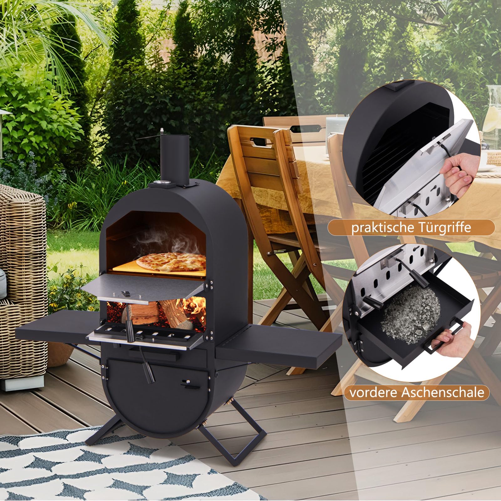 GOPLUS Piec do pizzy, outdoorowy piec do pizzy z kamieniem do pizzy 31 cm, łopatka do pizzy, ruszt do grillowania, termometr i pokrowiec ochronny, wolnostojący piec do pizzy z 2 bocznymi stołami, na