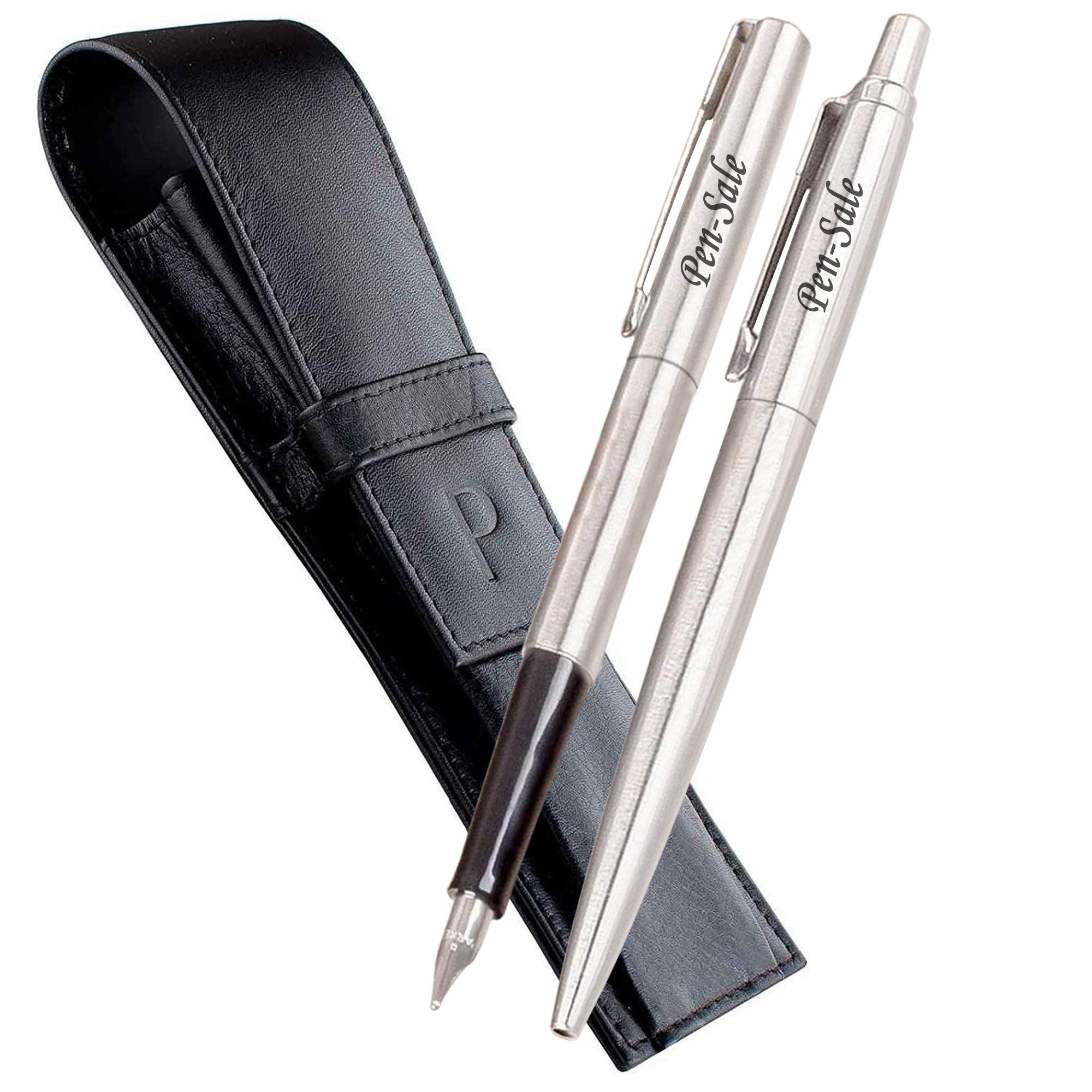 Personalised Engraved Parker Jotter Ballpoint/Fountain Pen/Set in a Leather Pouch, Personalised Gifts for Anniversary, Christmas - Enter Your Custom Text (Jotter Steel & Fountain Pen Set)