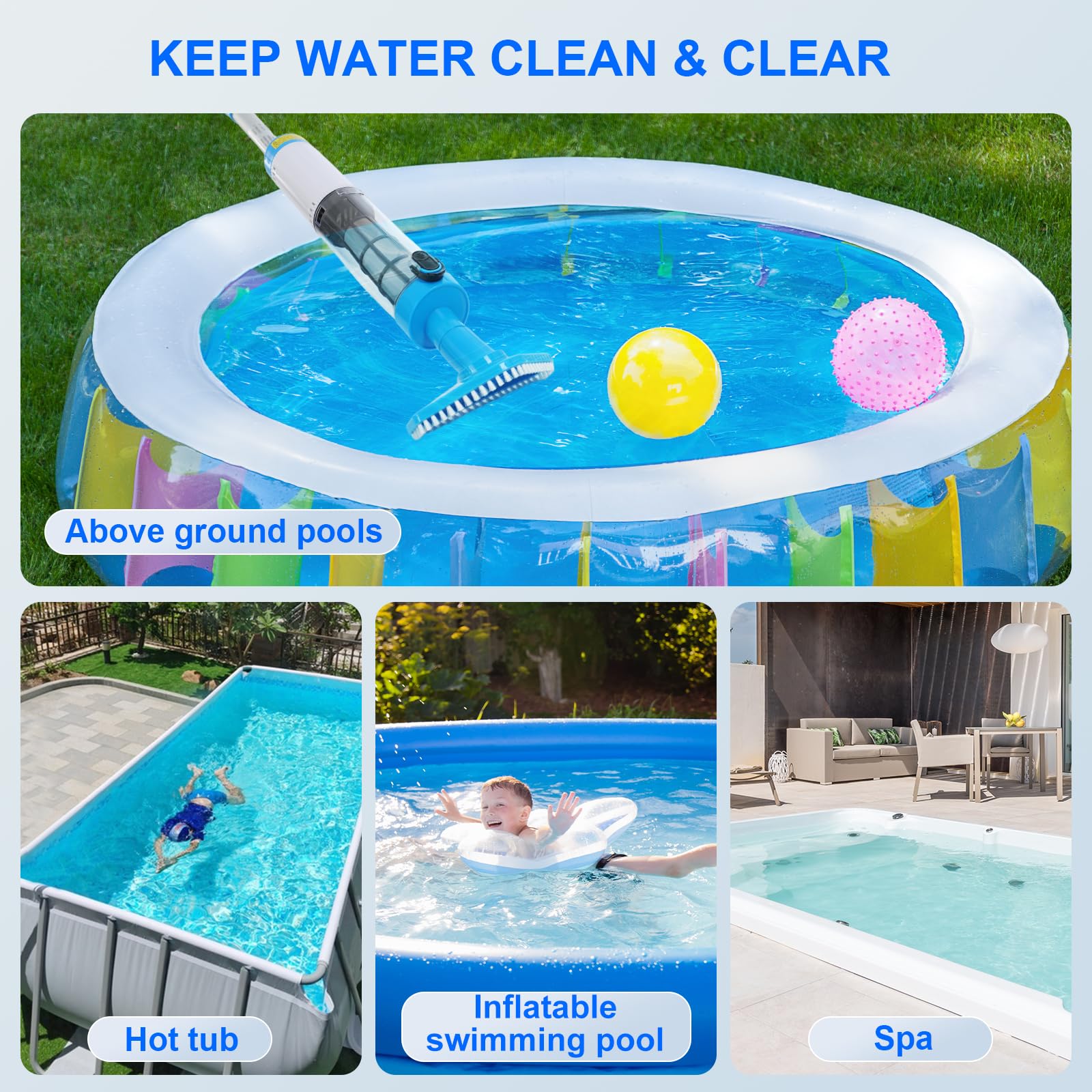4 in 1 Cordless Rechargeable Small Pool Vacuum spa hot tub 90 Mins Running Time, 12 Gallons/Min Powerful Suction — view 4