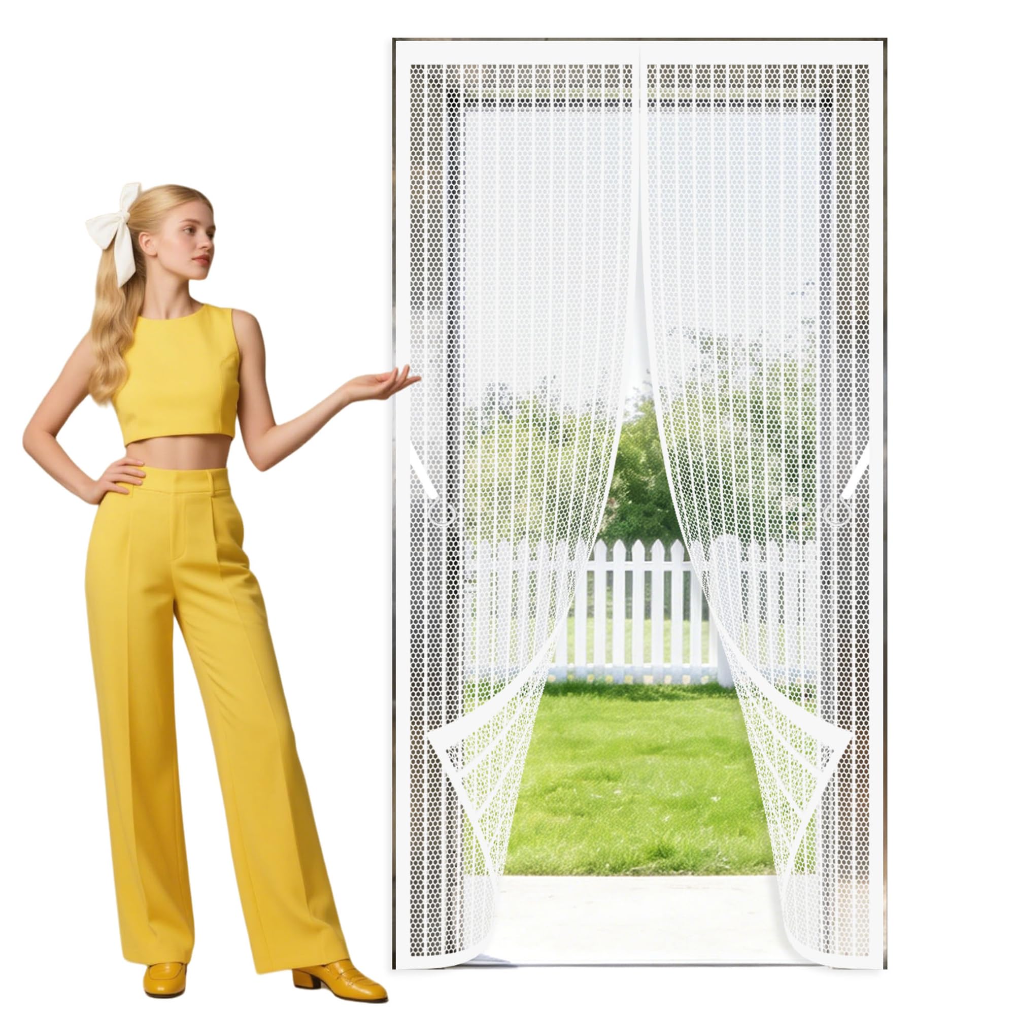 Magnetic Screen Door 131 x 273 cm Self Sealing, Hands Free Screen Door Fly Powerful Magnets and Full Frame Magic Tape Suitable for Patio Room Balcony Bedroom, White