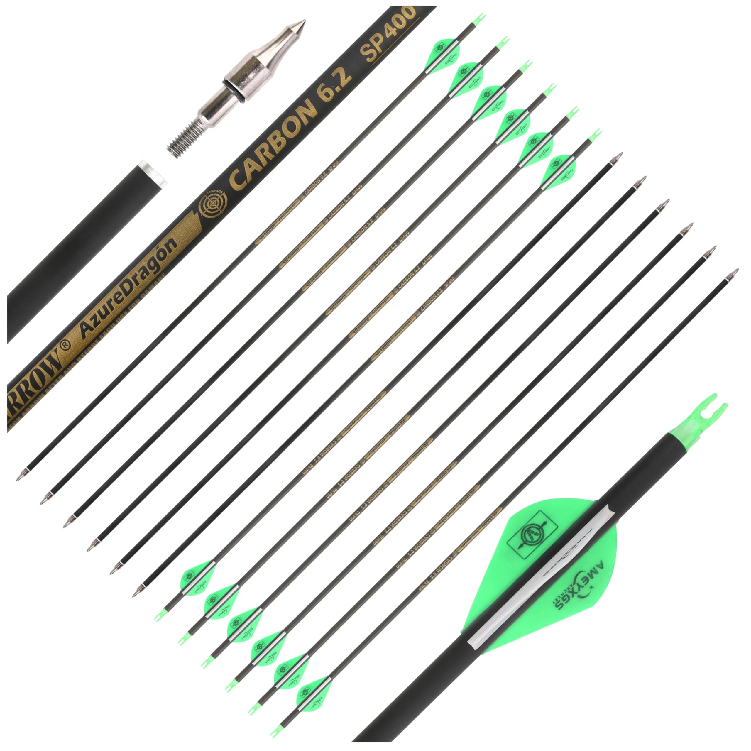 12PCS Frecce in Carbonio Puro per Arco – Lunghezza 32" (81,3 cm), Spine 500, ID 6.2mm, Compatibili con Arco Ricurvo e Arco Componibile, per Caccia all'Aperto, Tiro a Target e Pratica