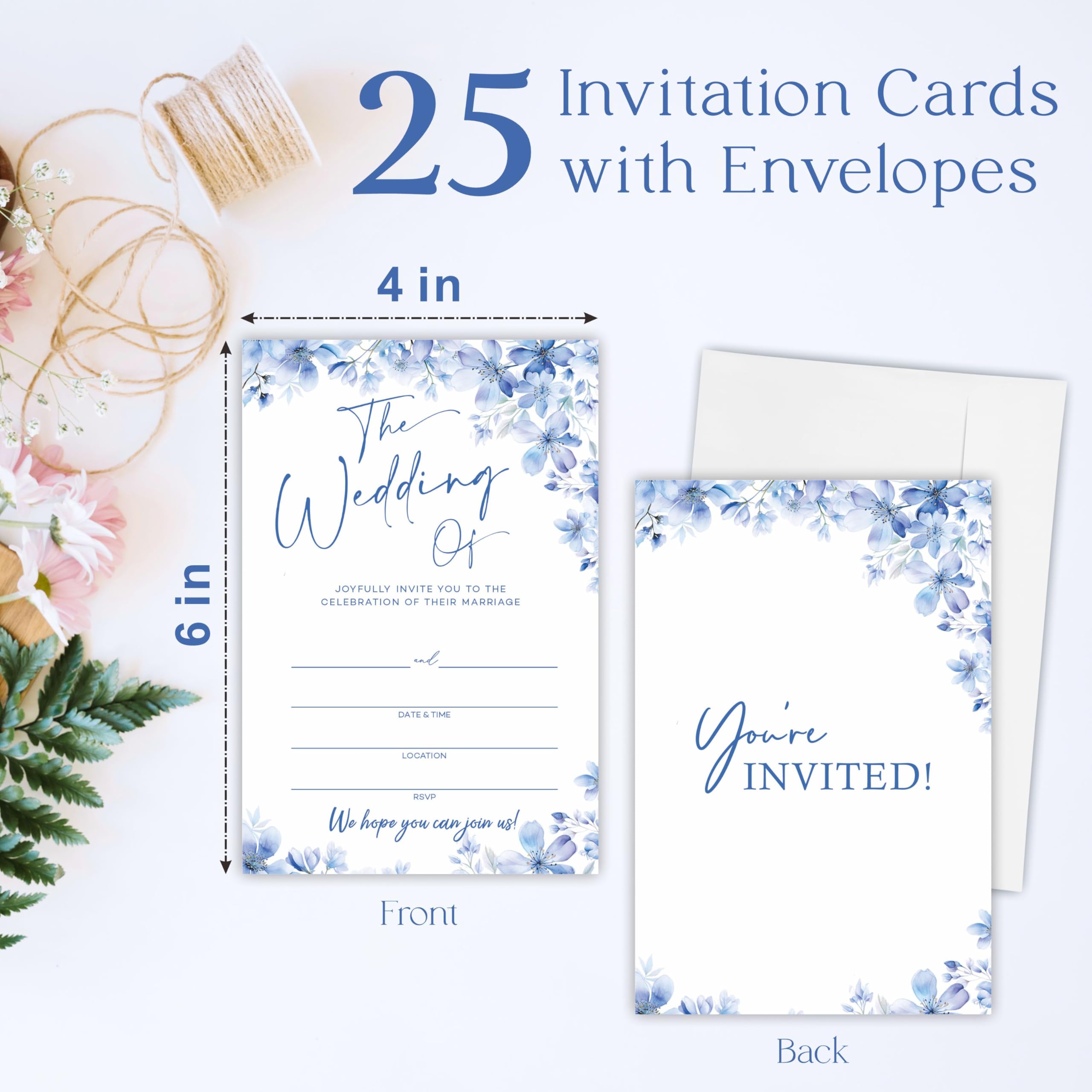Inviti per matrimonio con motivo floreale blu, 25 biglietti di invito a nozze con buste, da riempire con stile inviti per sposi, Mr & Mrs, addio al nubilato, bomboniere e forniture – A01