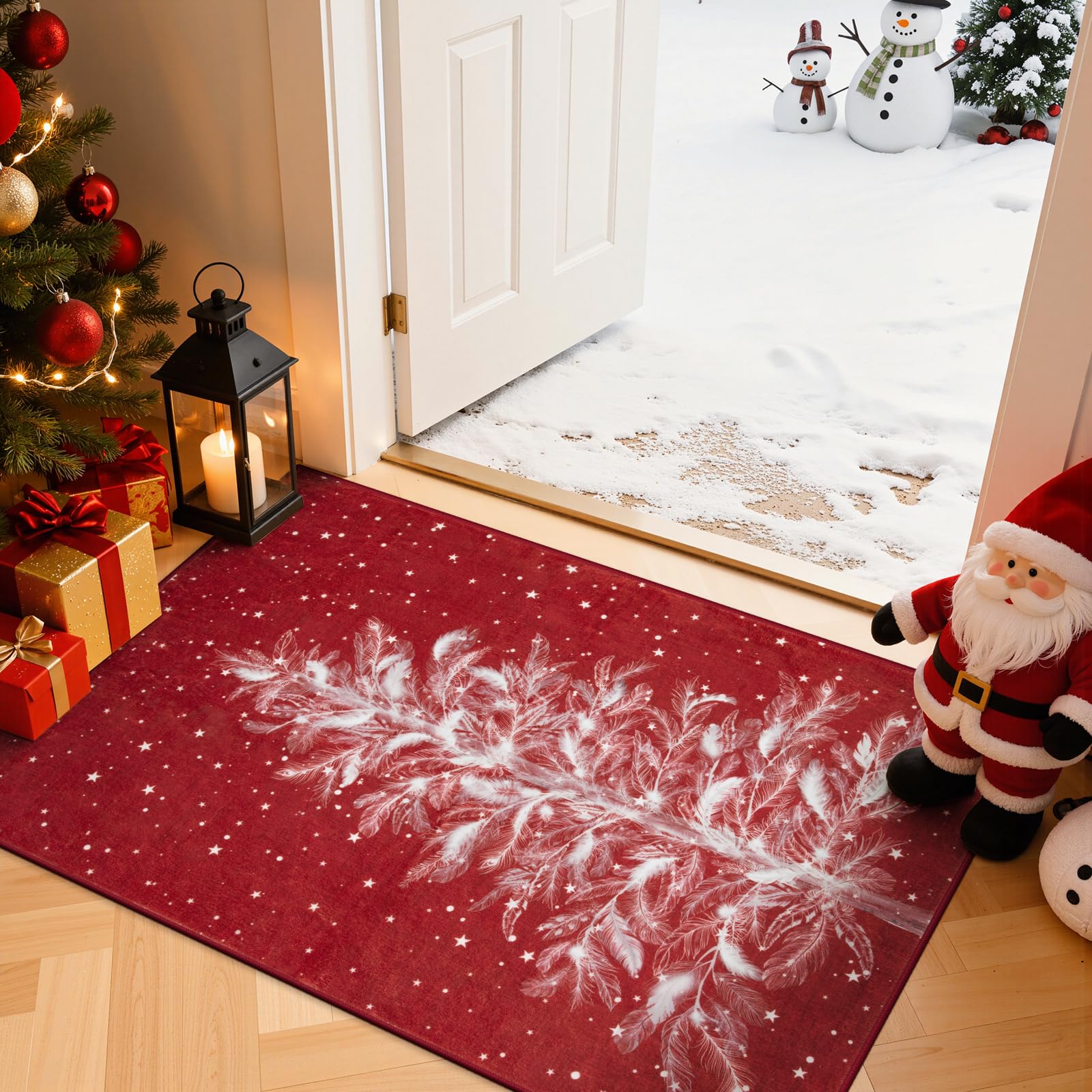 Lahome Christmas Kitchen Rugs Bathroom Rug 2x3 Non-Slip Red Door Mat Rugs for Entryway Indoor, Small Washable Throw Soft Bath Mat, Christmas Tree Print Holiday Decor Untra-Thin Carpet for Be