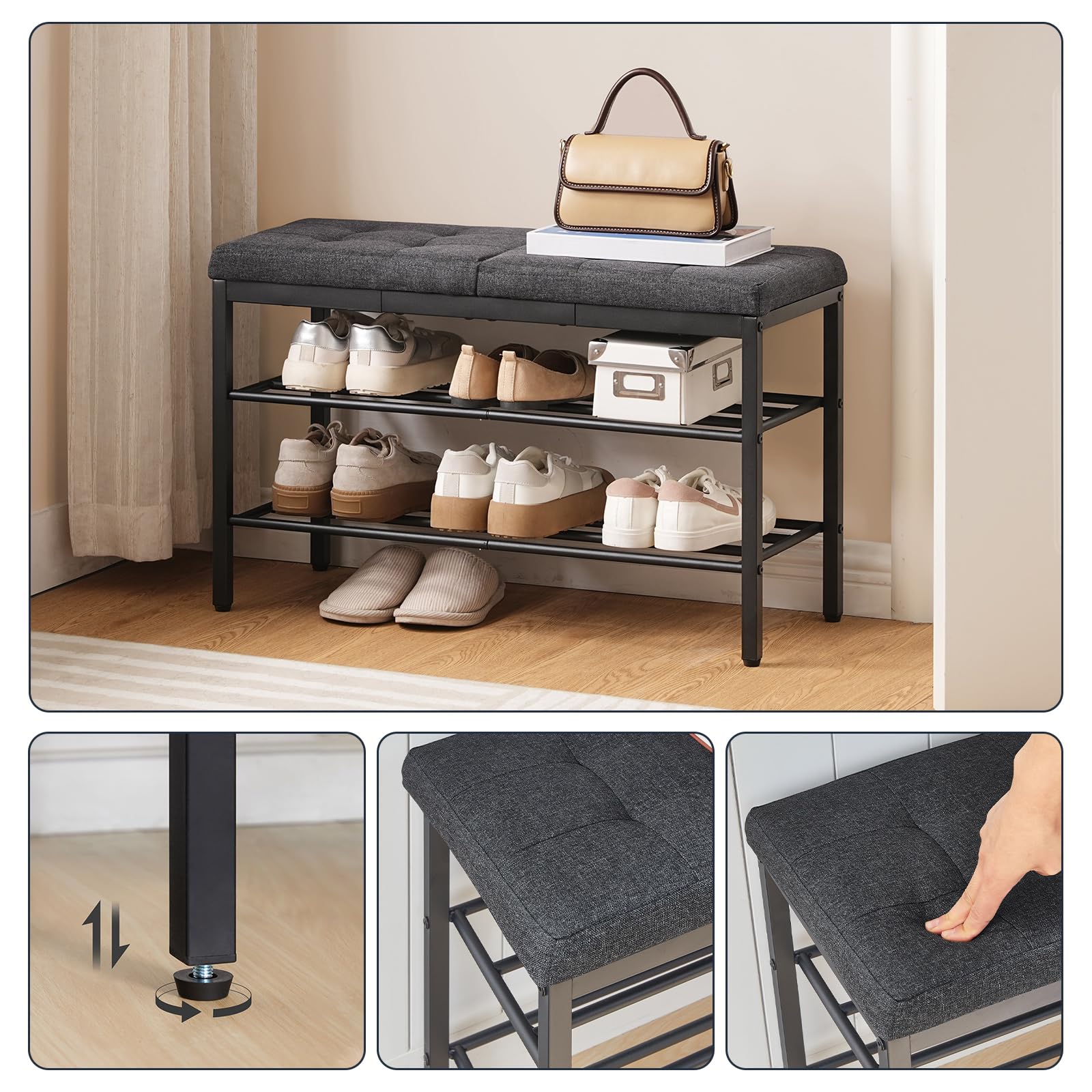 HOOBRO Banco Zapatero, Banco Almacenaje para Zapatos, Mueble de Entrada con Cojín Acolchado, Extremo de Cama, Ahorra Espacio, para Salón, Balcón, Dormitorio, Oficina, Gris y Negro EBGZ95HX01