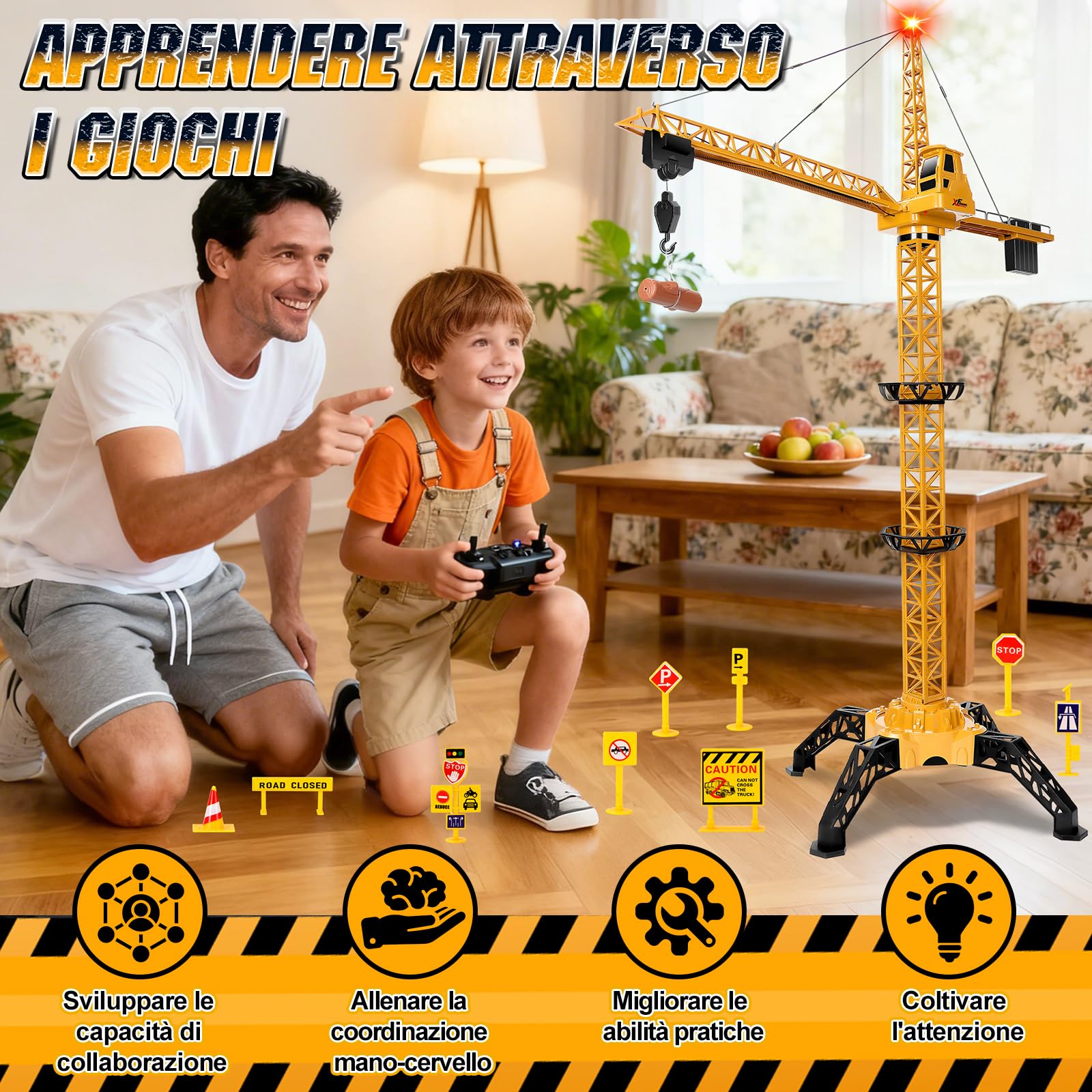 Herenear Gru Telecomandata Giocattolo per Bambini, Alta 140 cm RC Gru Giocattolo Rotazione a 360° Con Luci e Gancio Mobile, 2,4 Ghz Telecomandata Regalo per Ragazzi