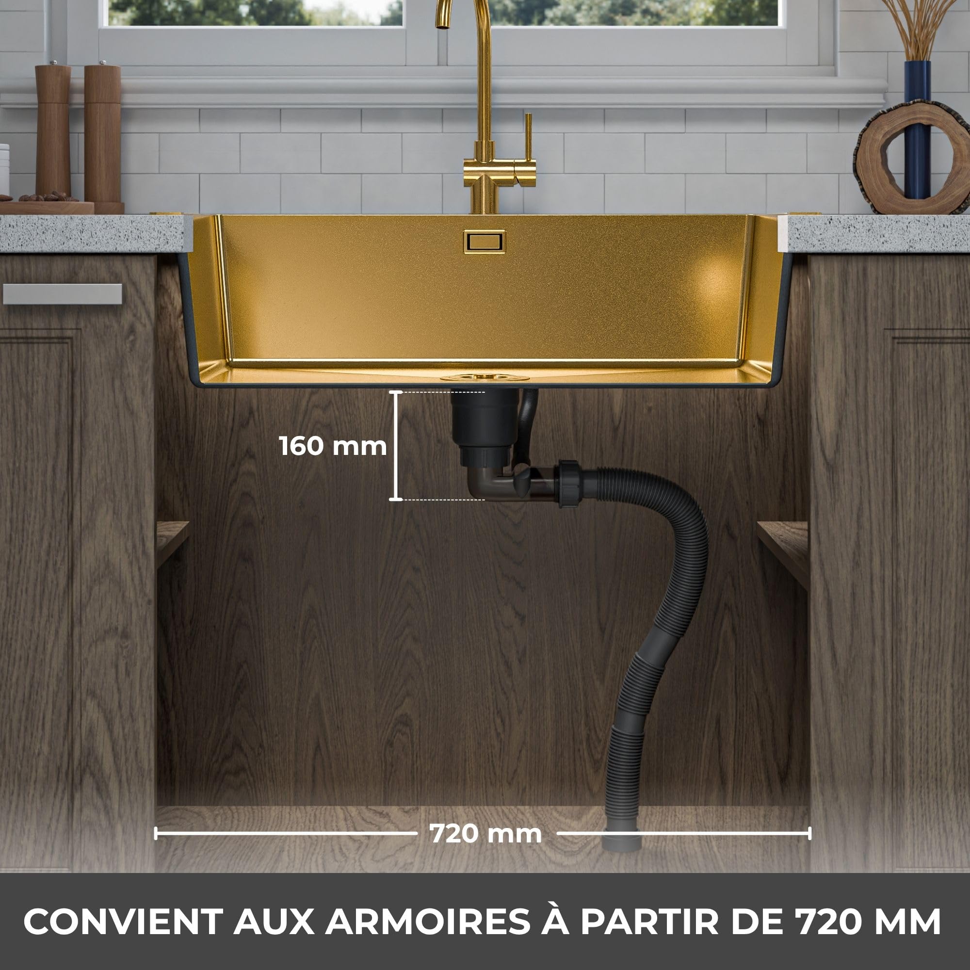 ANW HOME Evier Cuisine 1 Bac 74x44 cm, Or PVD | Encastré/Sous Plan, Revêtement Nano, Épaisseur 3,0+1 mm, Profondeur 22 cm, Avec Siphon