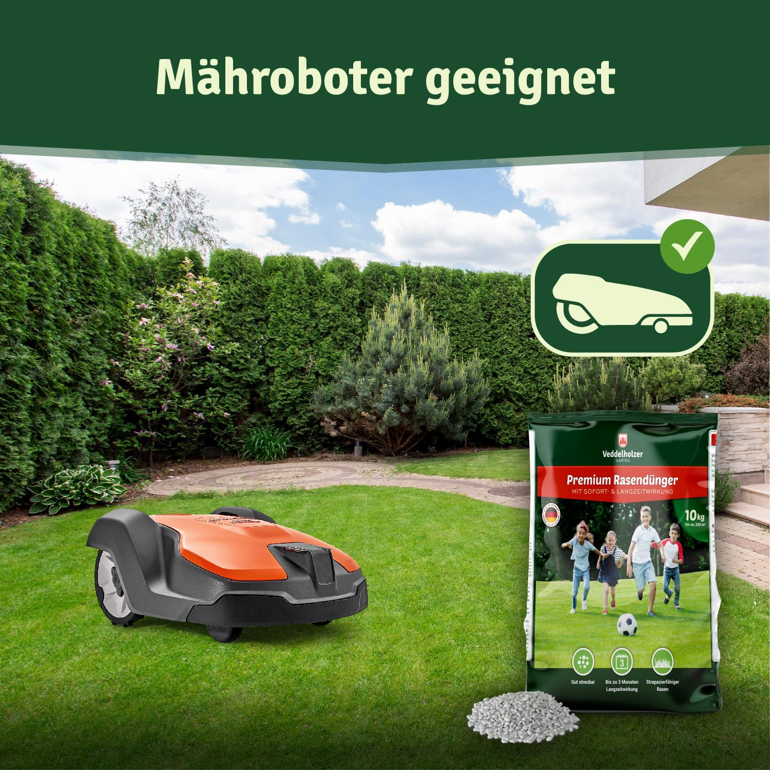 Veddelholzer Garten starker mineralischer Rasendünger mit 3 Monaten Langzeitwirkung ideal für Frühjahr und Sommer NPK 15+5+8 (+3), staubarmes Granulat, Langzeitdünger Rasen Dünger