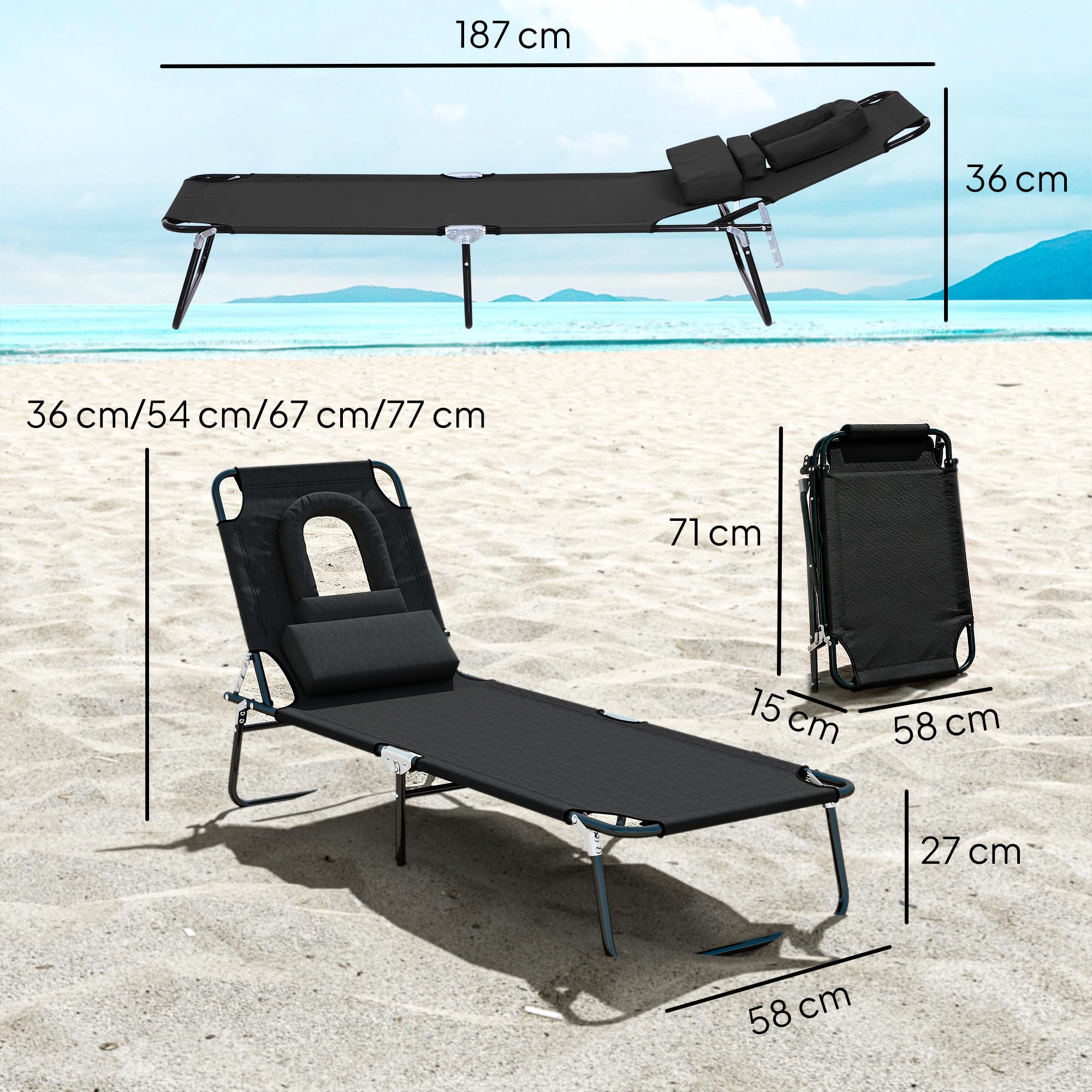 Outsunny Folding Sun Lounger with Face Hole, 4-Position Adjustable Backrest Garden Recliner Chair Sunbed, Outdoor Lounge Chair with 600 D Oxford Cloth Seat, Pillow for Beach, Black — view 3