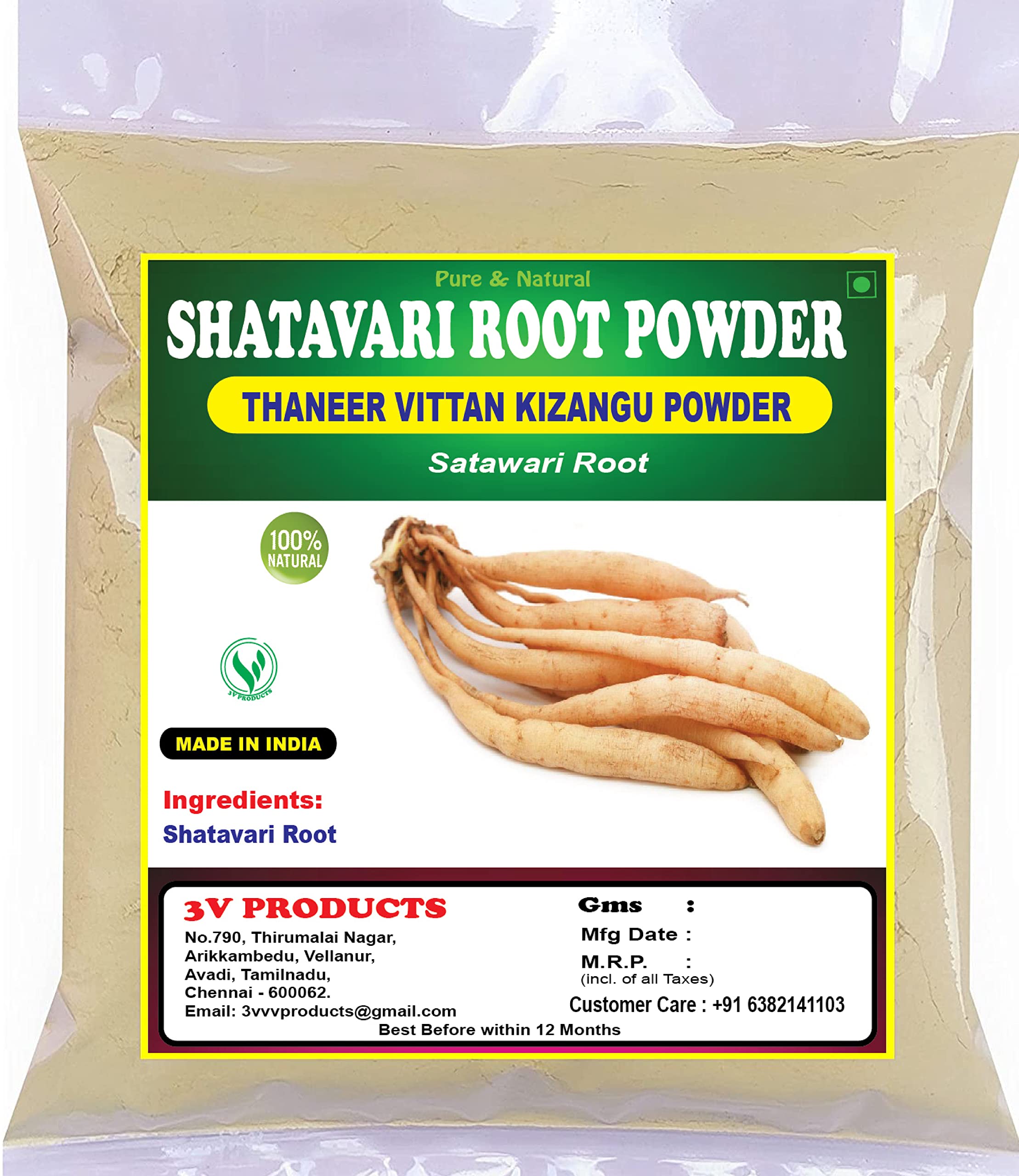 3V PRODUCTS: Shatavari Root Powder 150g | Thaneer Vittan kizangu | Satawari