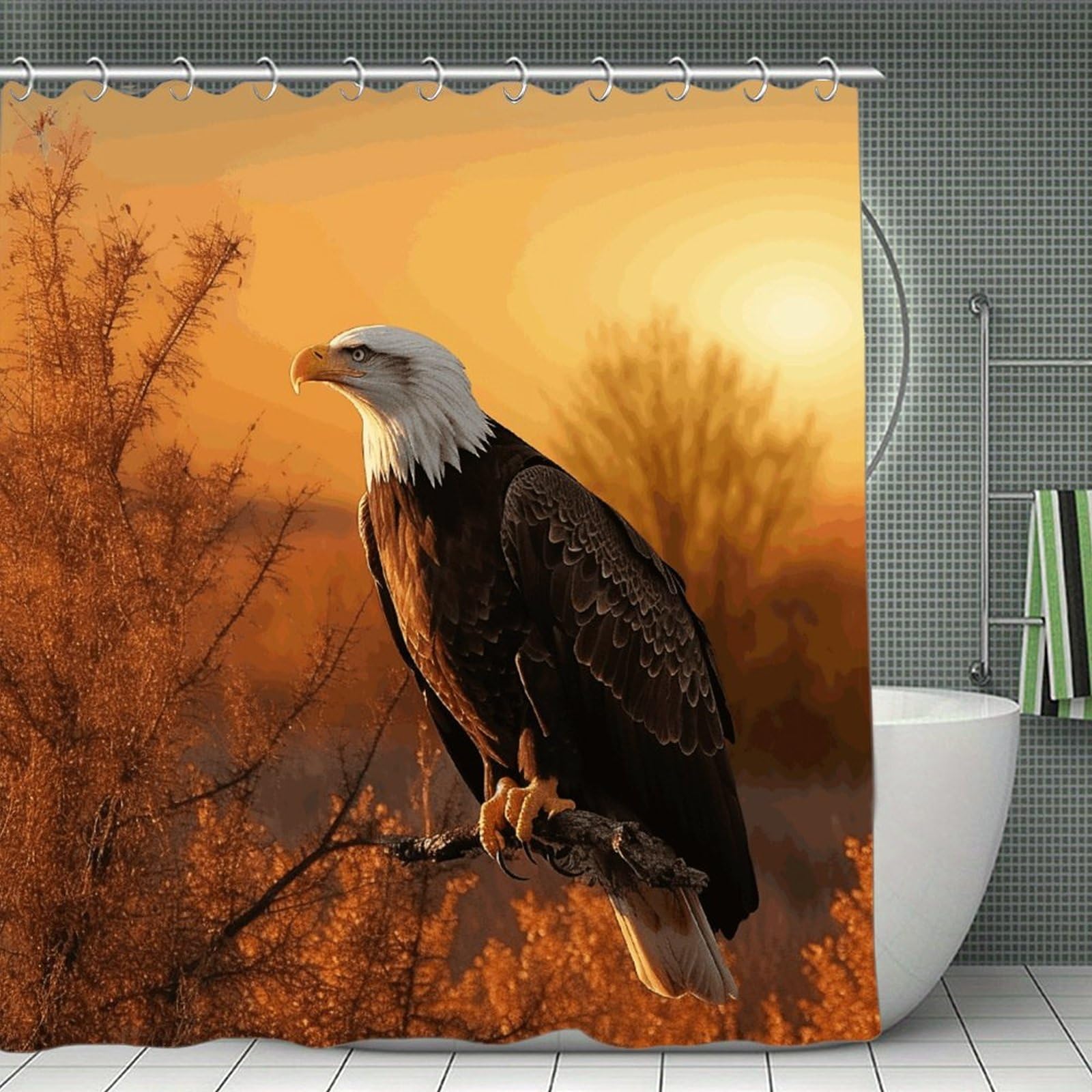 VstaDank Golden Sunset Bald Eagle Shower Curtain Waterproof Bathroom Curtain with Hooks Luxury Weighted Bath Curtains for Bathtubs Showers Room Dividers Decorative Shower Curtains 71x71 in