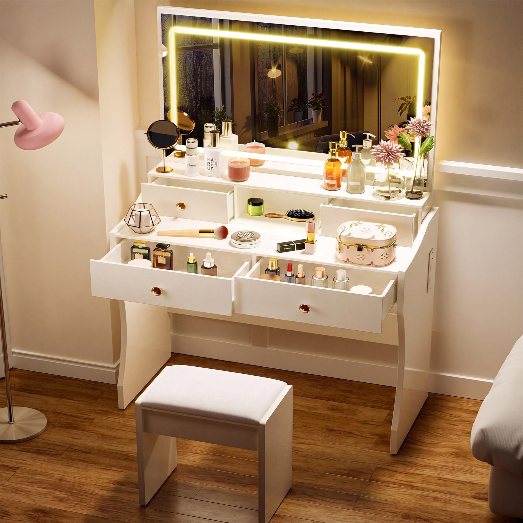 COMHOMA Small Vanity Desk with Mirror and Lights, Girls Bedroom Vanity Set Snow White Large