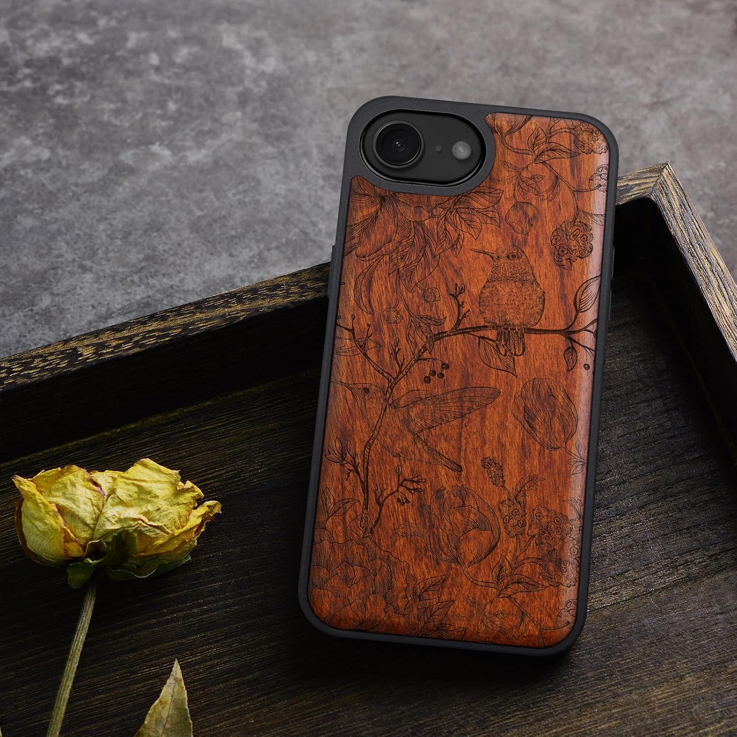 Carveit Magnetic Wooden Case for iPhone 16e / 17e, Solid Wood & Black TPU, Artisan Engraved Design, Shockproof Cover, Compatible with MagSafe Wireless Chargers, A Dance of Flora and Avian - Rosy