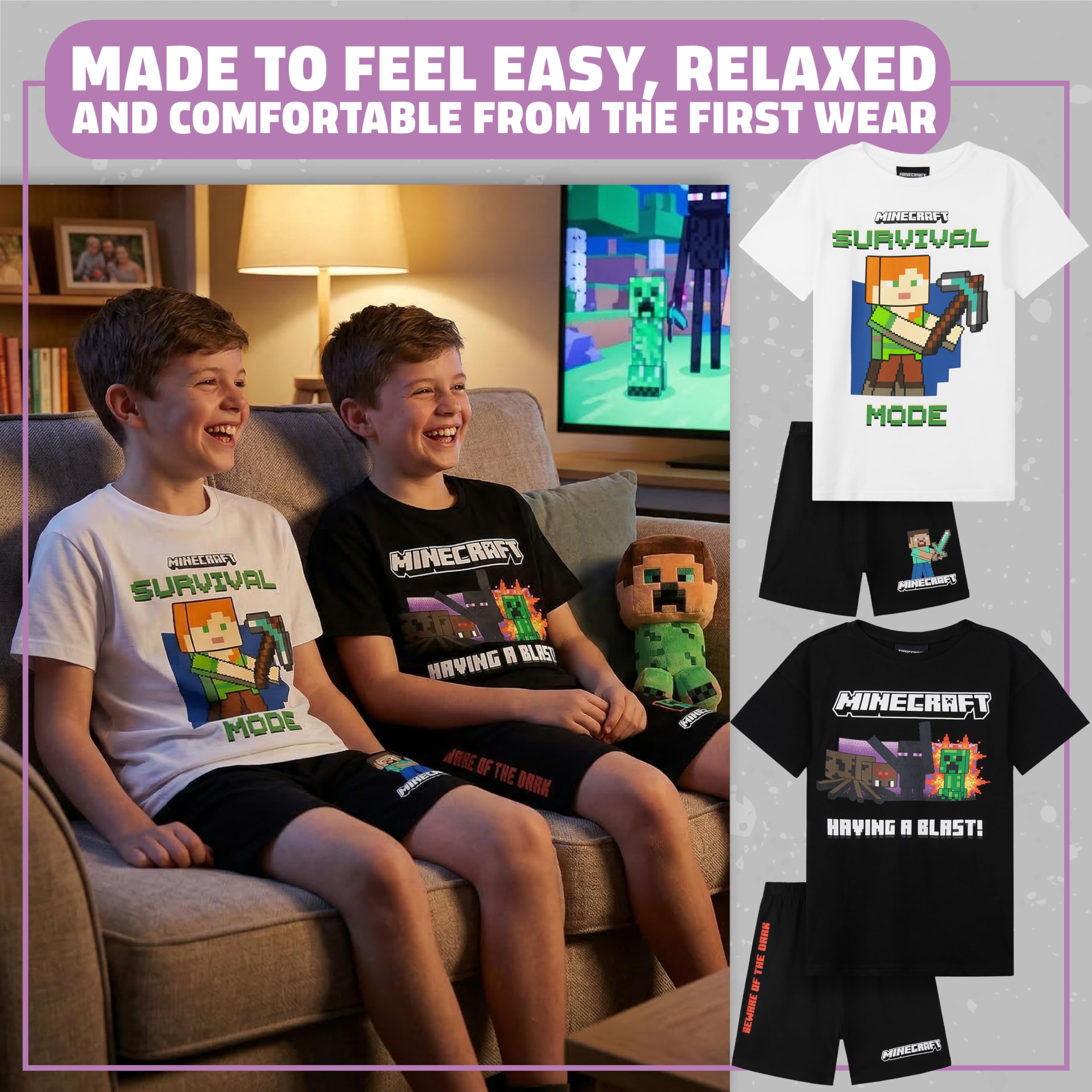 Minecraft Pijama Niño 6-14 Años, Conjunto Corto Creeper, Ropa de Dormir Manga Corta