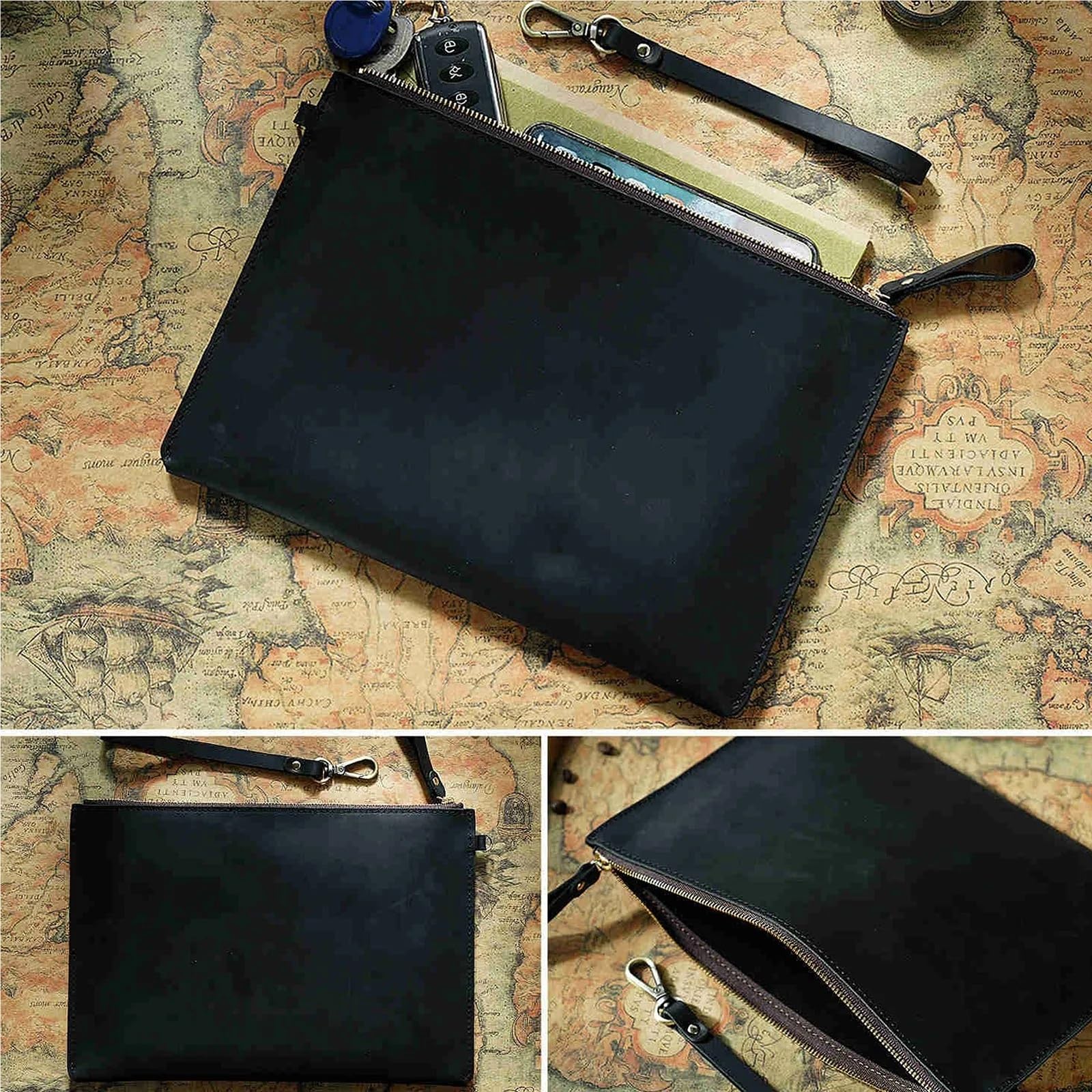 Documents en cuir Pochette de rangement documents vintage en cuir avec fermeture éclair, porte-documents fin for smartphone, voyage, bureau(Brown)