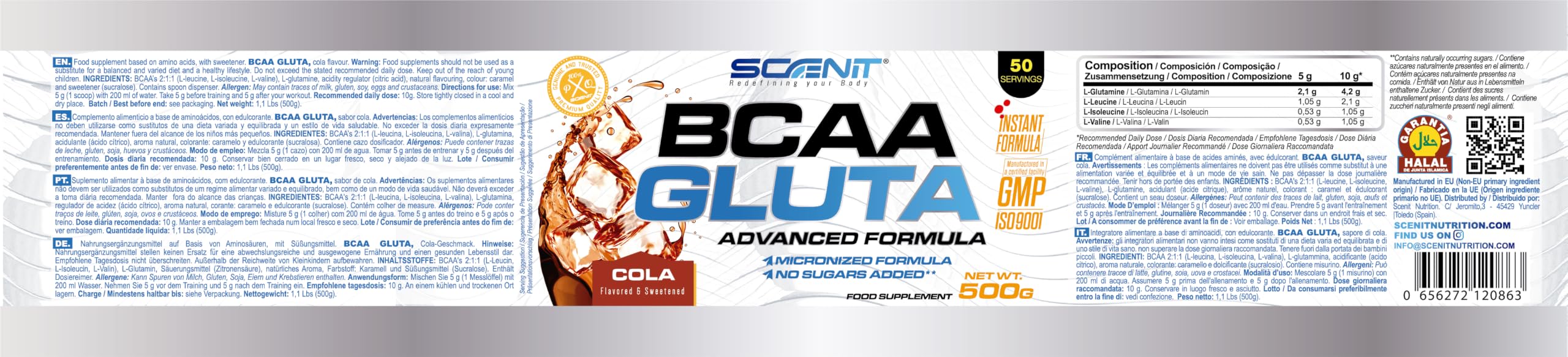 BCAA Poudre - BCAA GLUTA - 500 g - Bcaa Glutamine - L Glutamine - BCAA - BCAA 2.1.1 - BCAA en poudre, Acide aminé, amino acids - Leucine, Valine, Isoleucine - acides aminés, glutamine poudre (Cola)